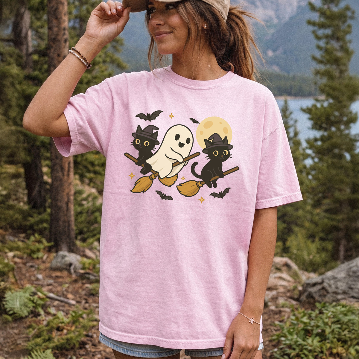 Witchy Ghost & Black Cats Comfort Colors Shirt – Moonlit Broomstick Mischief Tee