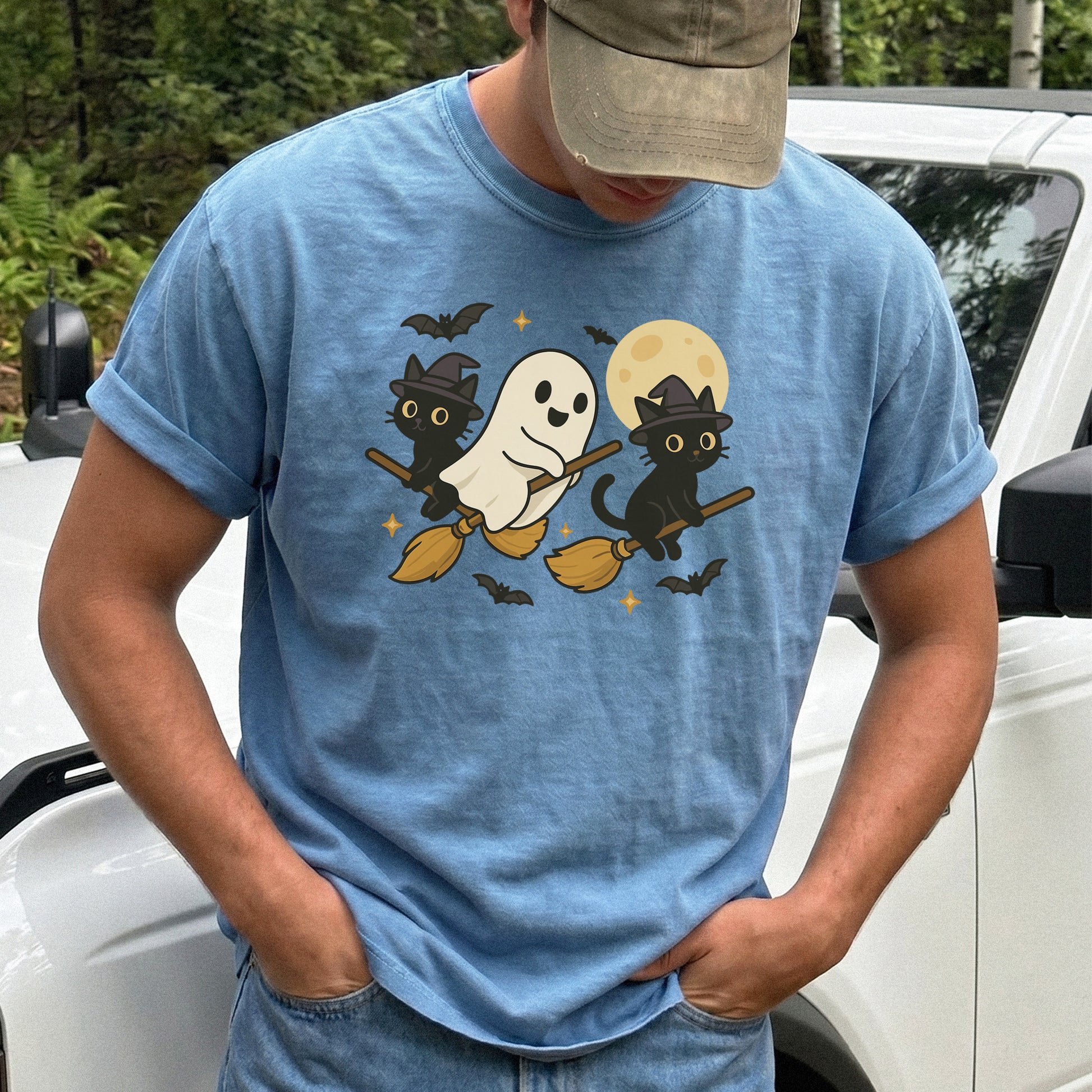Witchy Ghost & Black Cats Comfort Colors Shirt – Moonlit Broomstick Mischief Tee