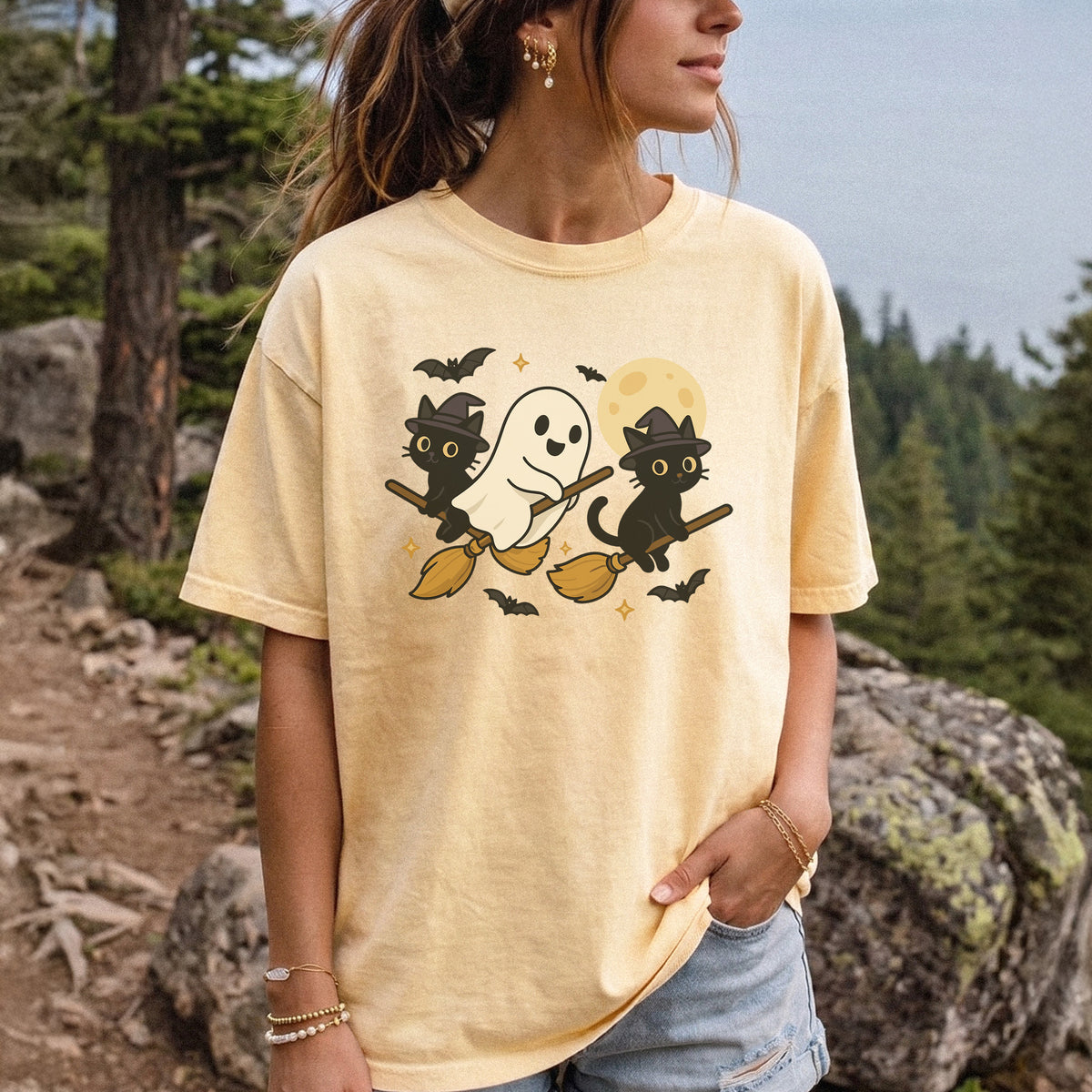 Witchy Ghost & Black Cats Comfort Colors Shirt – Moonlit Broomstick Mischief Tee