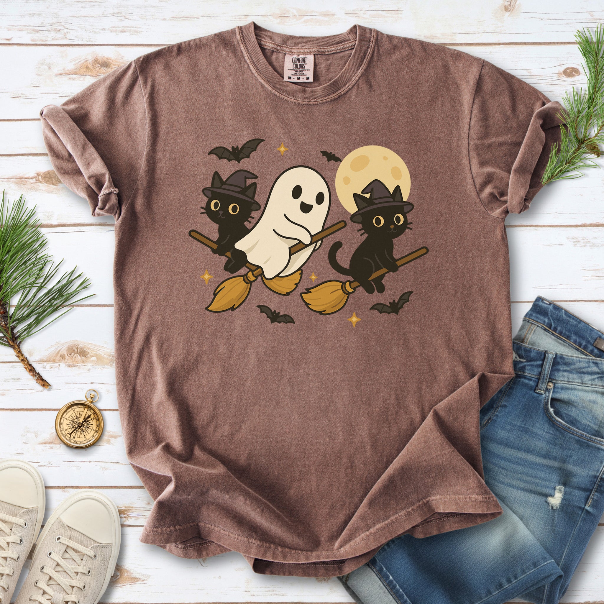 Witchy Ghost & Black Cats Comfort Colors Shirt – Moonlit Broomstick Mischief Tee