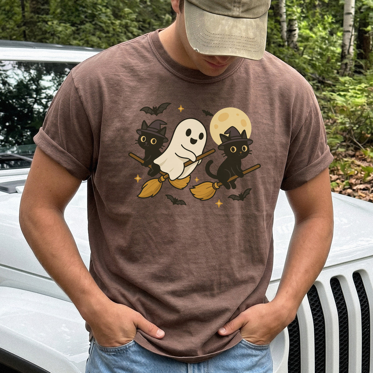 Witchy Ghost & Black Cats Comfort Colors Shirt – Moonlit Broomstick Mischief Tee