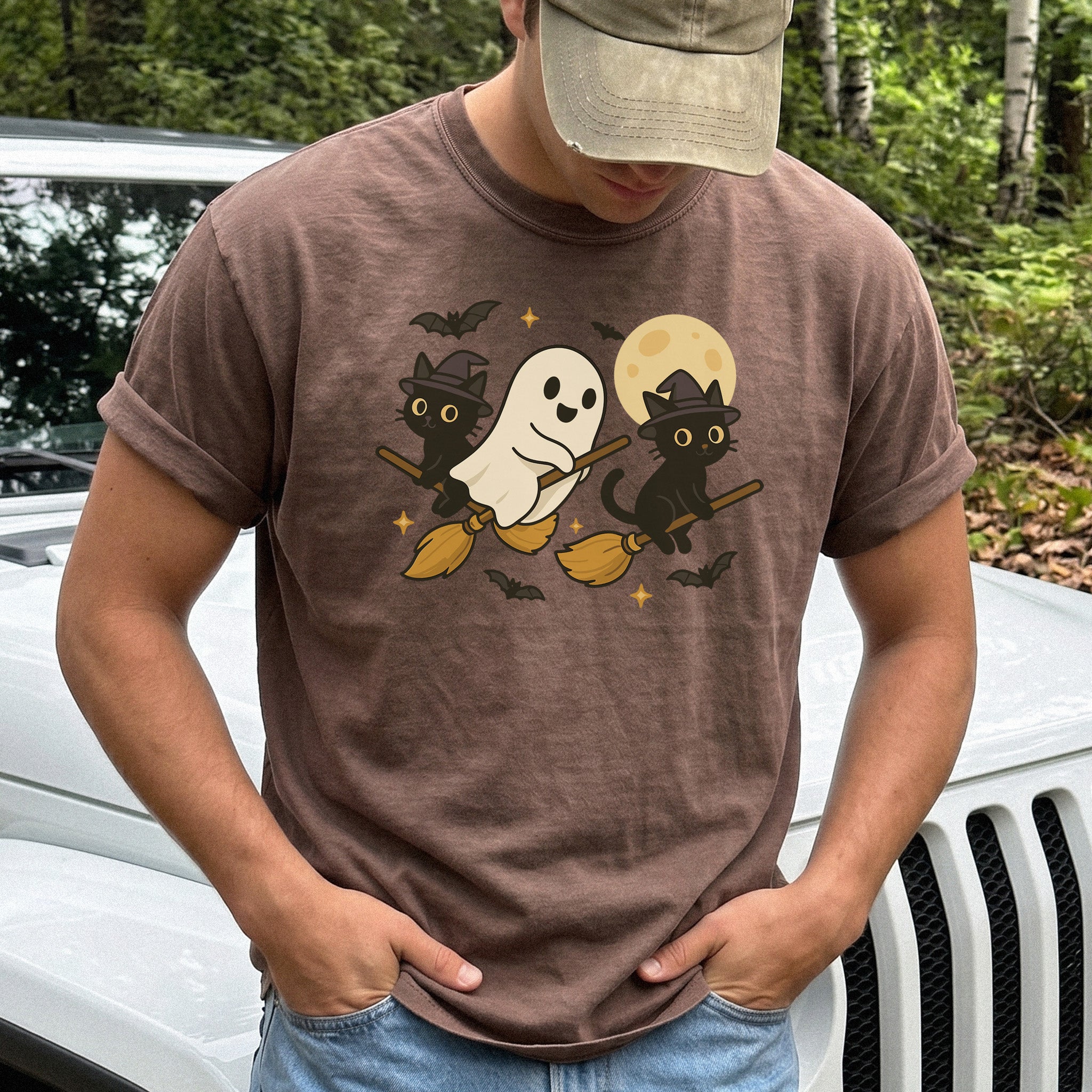 Witchy Ghost & Black Cats Comfort Colors Shirt – Moonlit Broomstick Mischief Tee