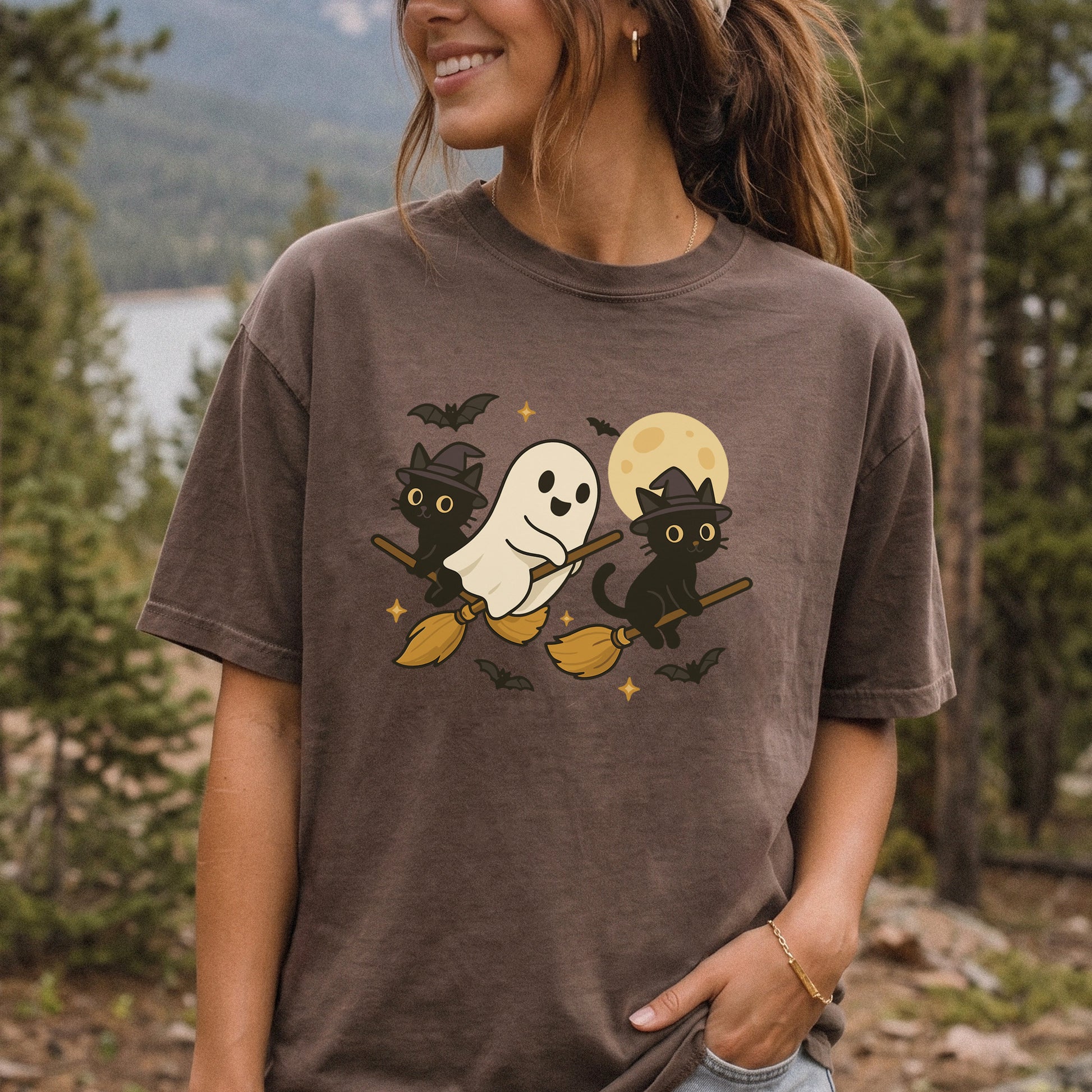 Witchy Ghost & Black Cats Comfort Colors Shirt – Moonlit Broomstick Mischief Tee