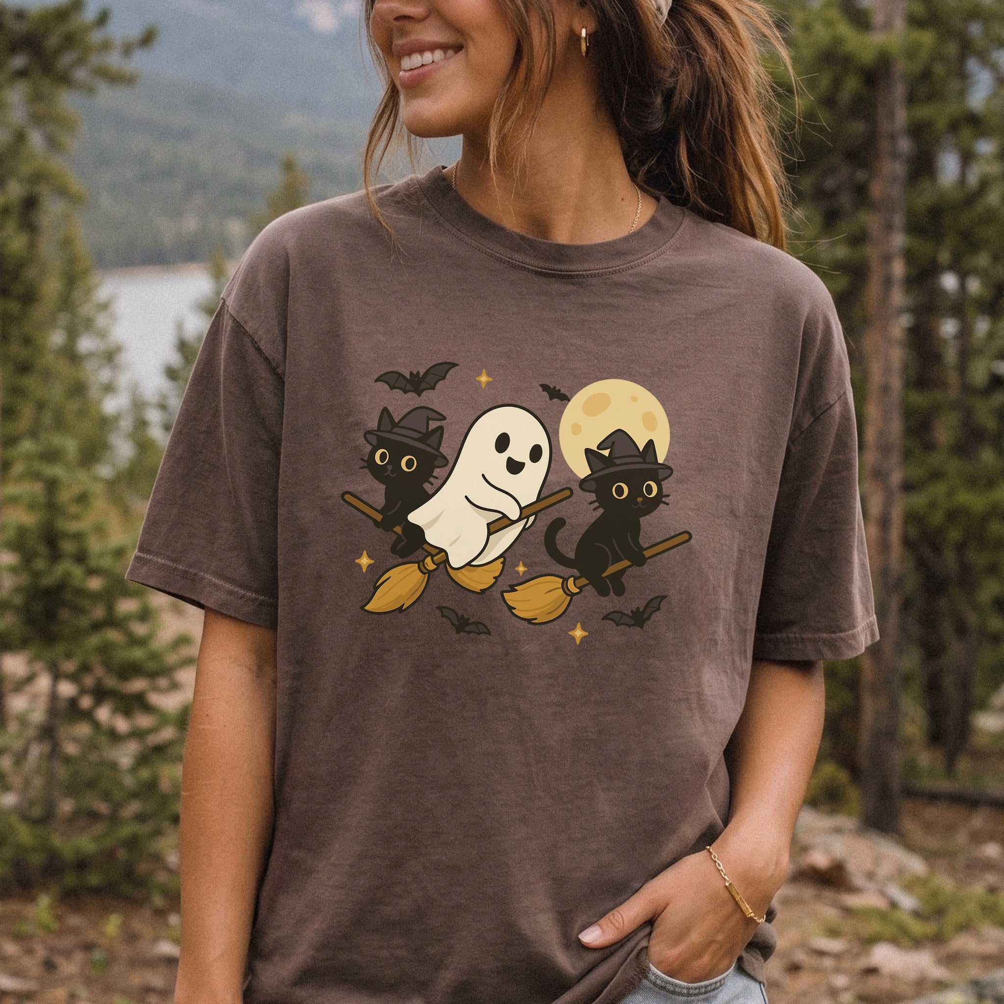 Witchy Ghost & Black Cats Comfort Colors Shirt – Moonlit Broomstick Mischief Tee