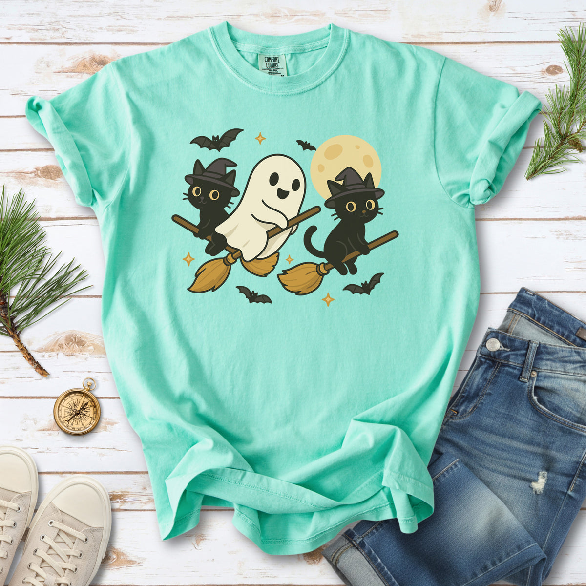 Witchy Ghost & Black Cats Comfort Colors Shirt – Moonlit Broomstick Mischief Tee