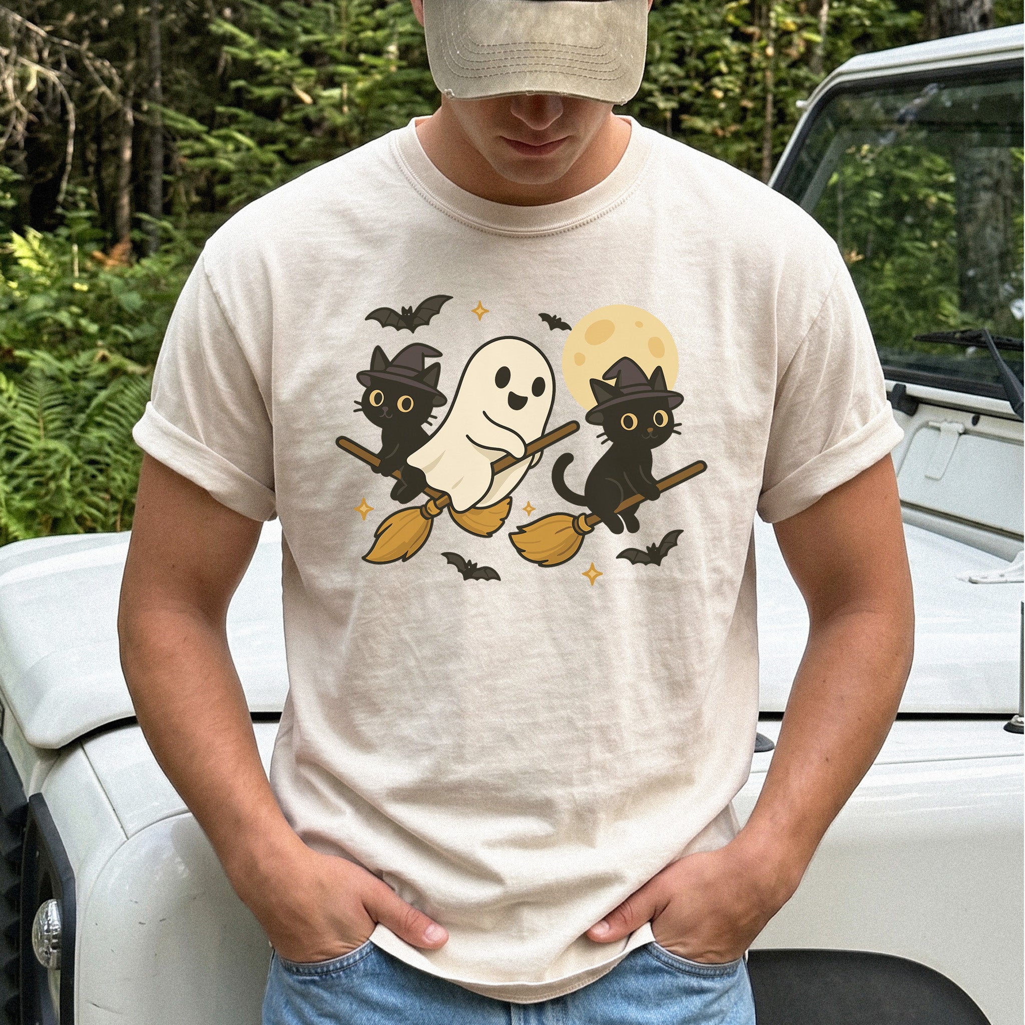 Witchy Ghost & Black Cats Comfort Colors Shirt – Moonlit Broomstick Mischief Tee
