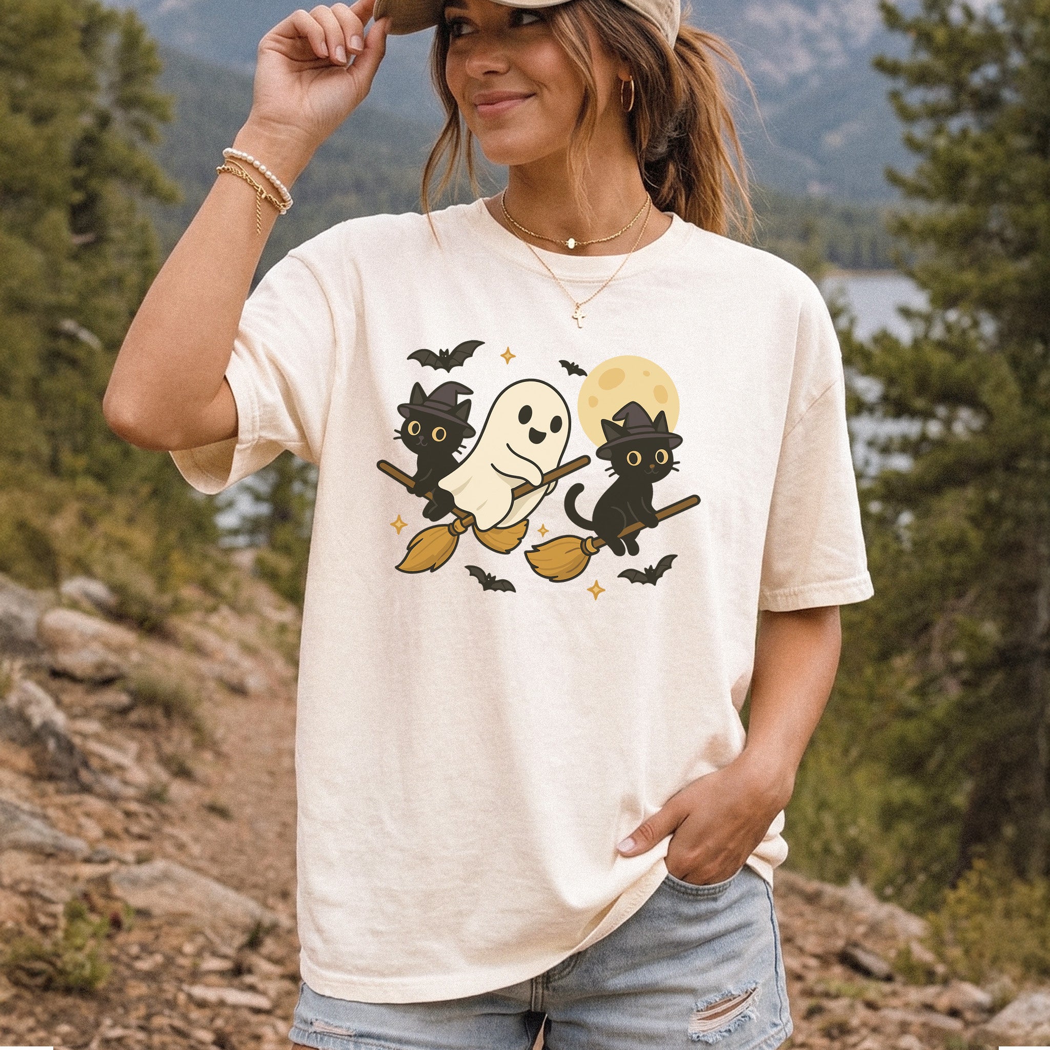 Witchy Ghost & Black Cats Comfort Colors Shirt – Moonlit Broomstick Mischief Tee