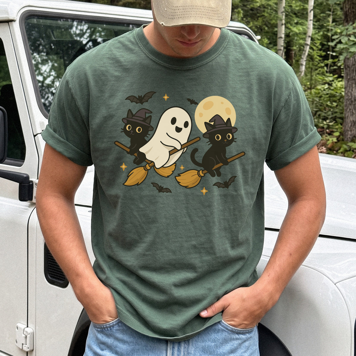 Witchy Ghost & Black Cats Comfort Colors Shirt – Moonlit Broomstick Mischief Tee