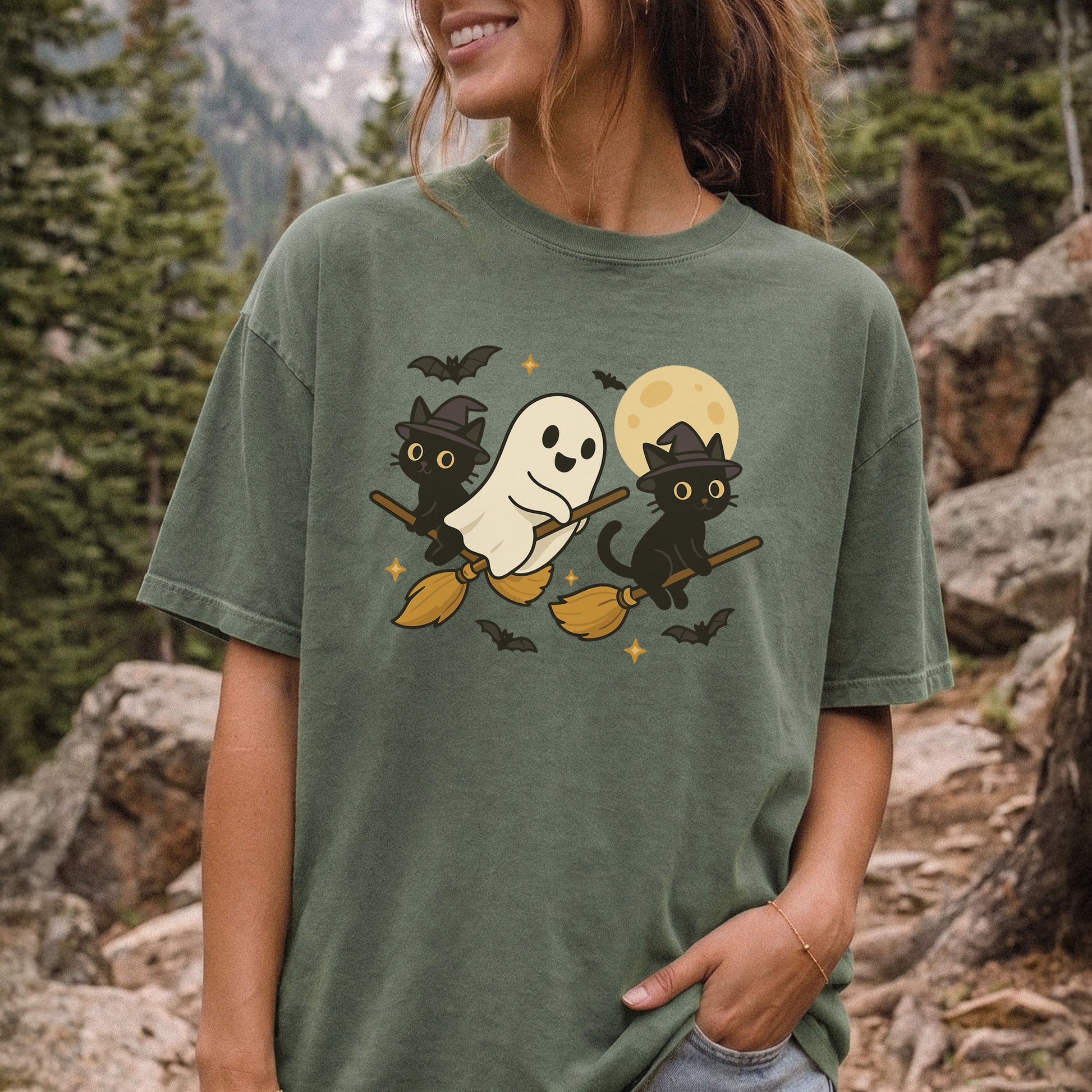 Witchy Ghost & Black Cats Comfort Colors Shirt – Moonlit Broomstick Mischief Tee
