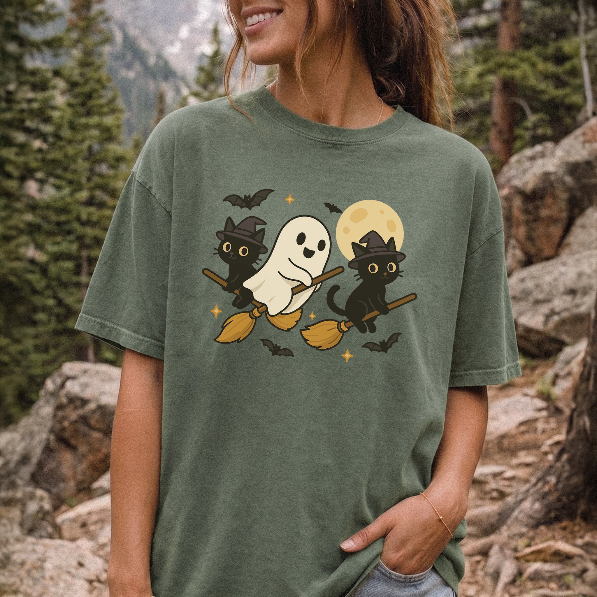Witchy Ghost & Black Cats Comfort Colors Shirt – Moonlit Broomstick Mischief Tee