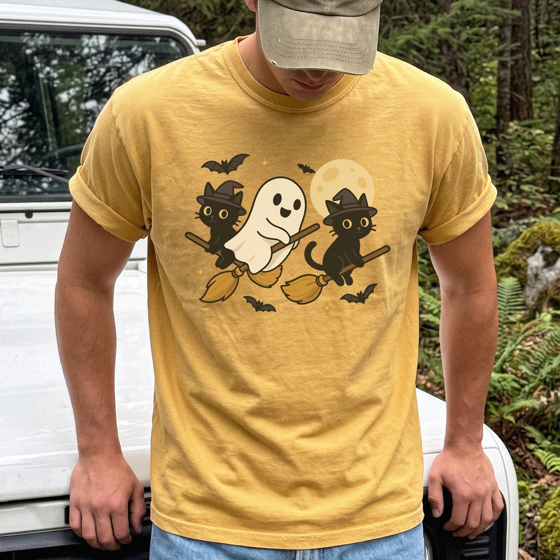 Witchy Ghost & Black Cats Comfort Colors Shirt – Moonlit Broomstick Mischief Tee