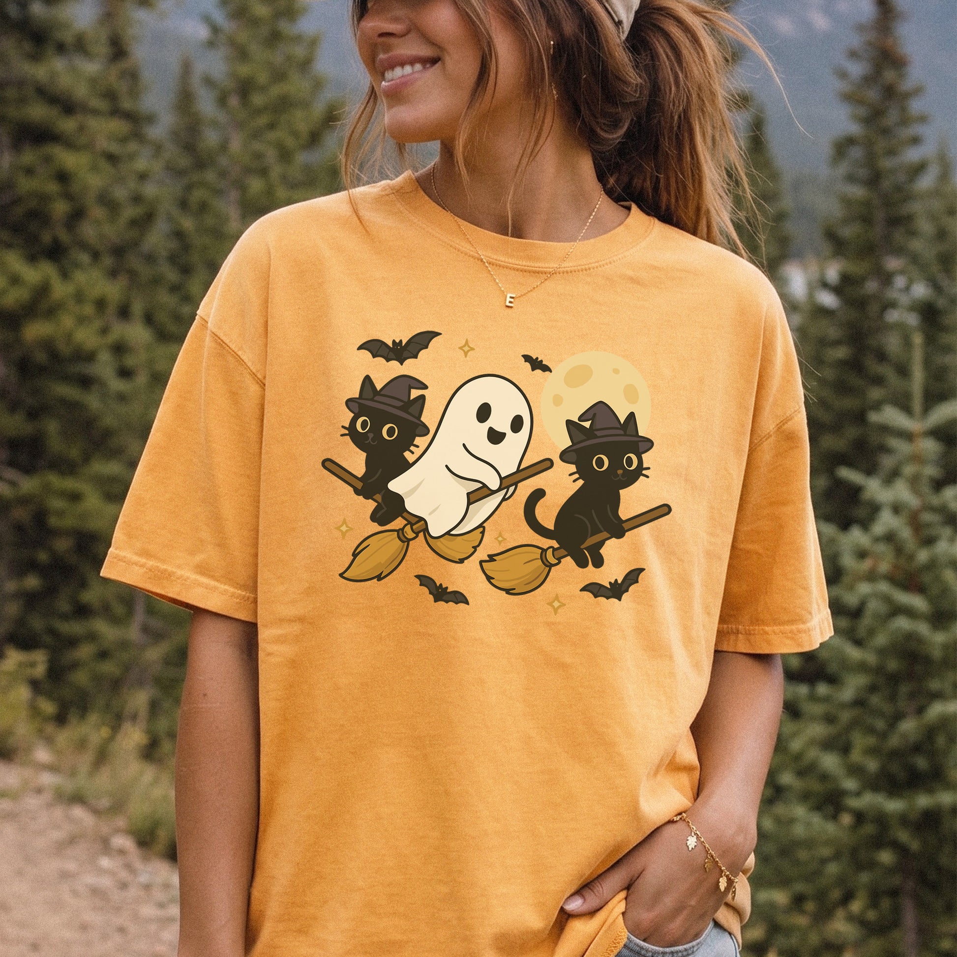 Witchy Ghost & Black Cats Comfort Colors Shirt – Moonlit Broomstick Mischief Tee