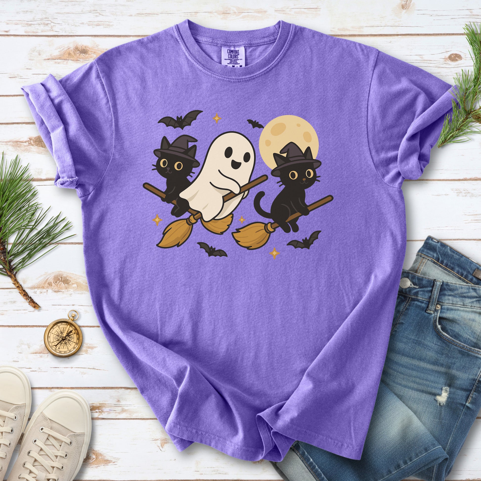 Witchy Ghost & Black Cats Comfort Colors Shirt – Moonlit Broomstick Mischief Tee