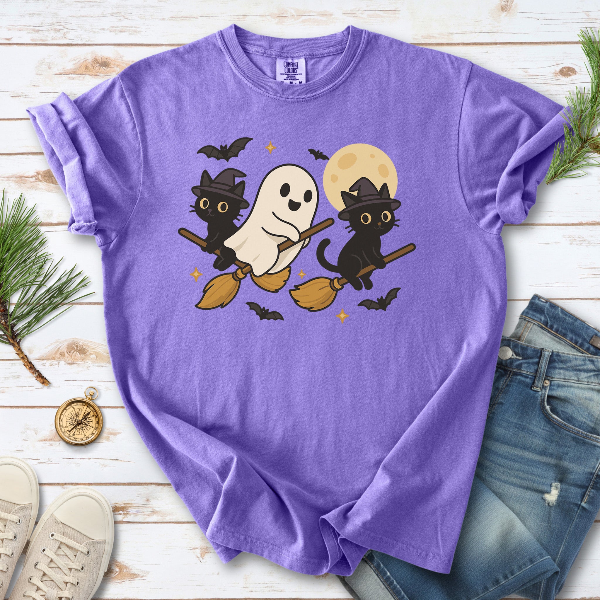 Witchy Ghost & Black Cats Comfort Colors Shirt – Moonlit Broomstick Mischief Tee