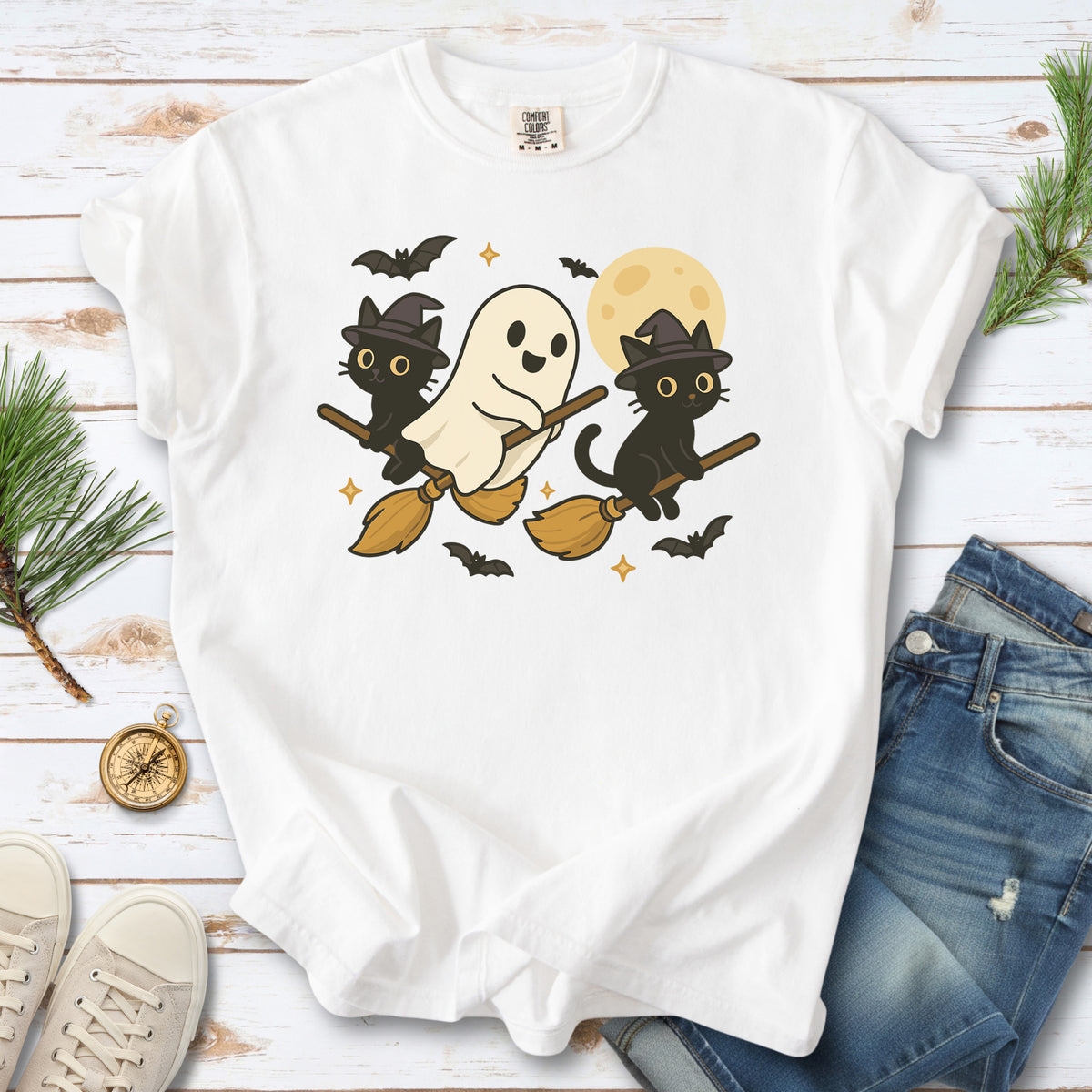 Witchy Ghost & Black Cats Comfort Colors Shirt – Moonlit Broomstick Mischief Tee