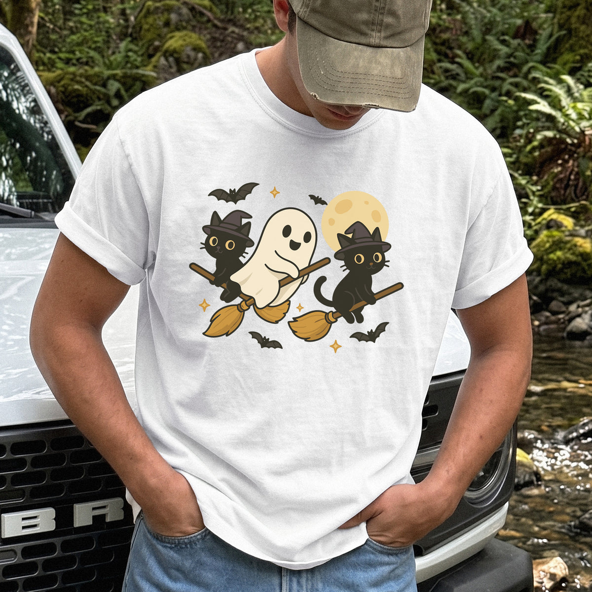 Witchy Ghost & Black Cats Comfort Colors Shirt – Moonlit Broomstick Mischief Tee
