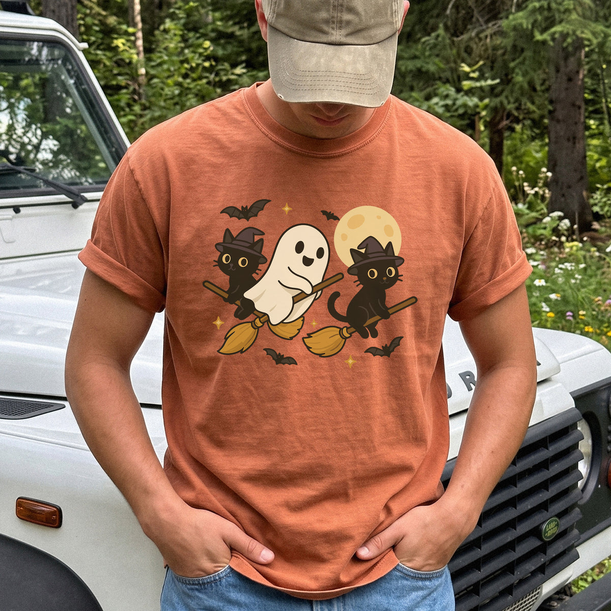 Witchy Ghost & Black Cats Comfort Colors Shirt – Moonlit Broomstick Mischief Tee