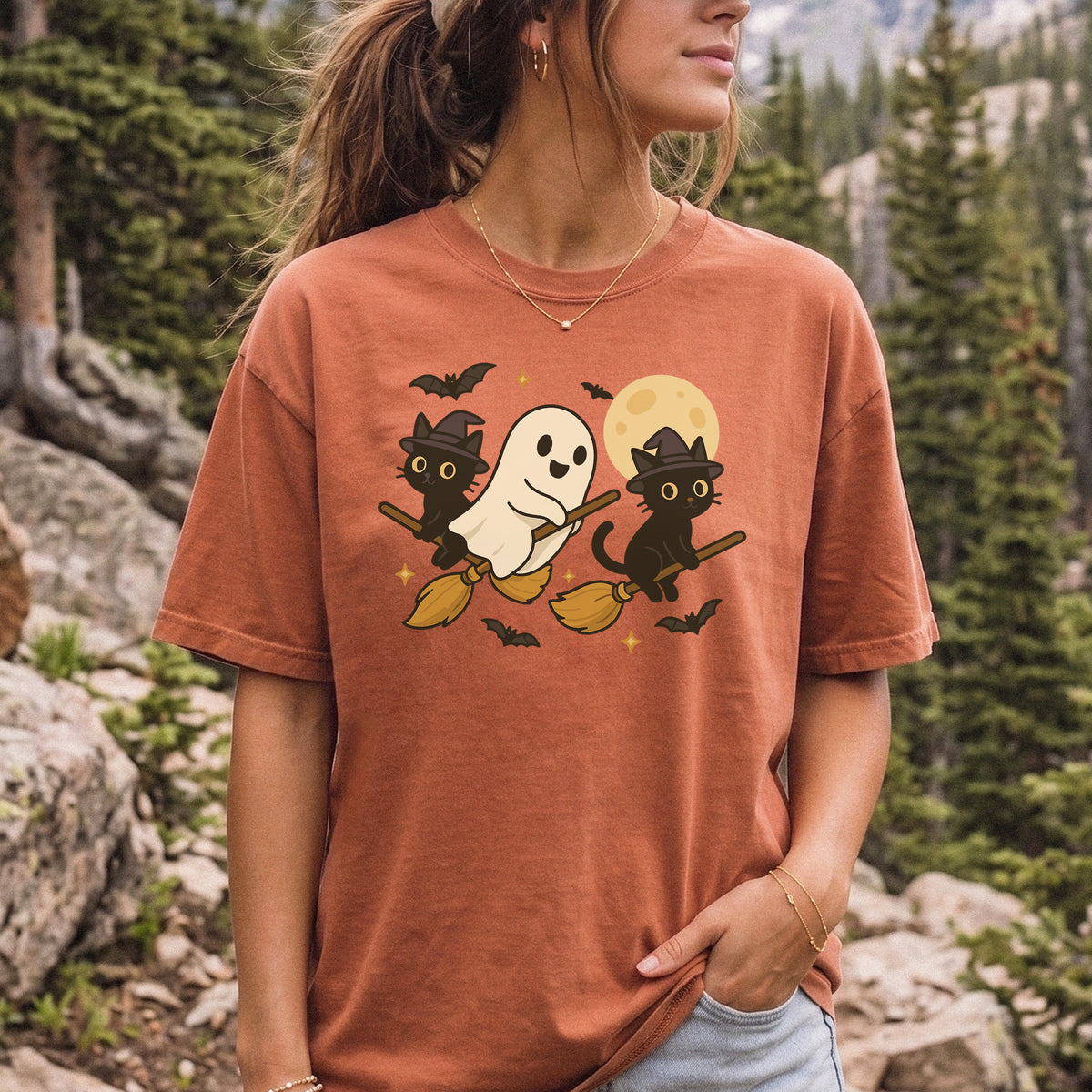 Witchy Ghost & Black Cats Comfort Colors Shirt – Moonlit Broomstick Mischief Tee