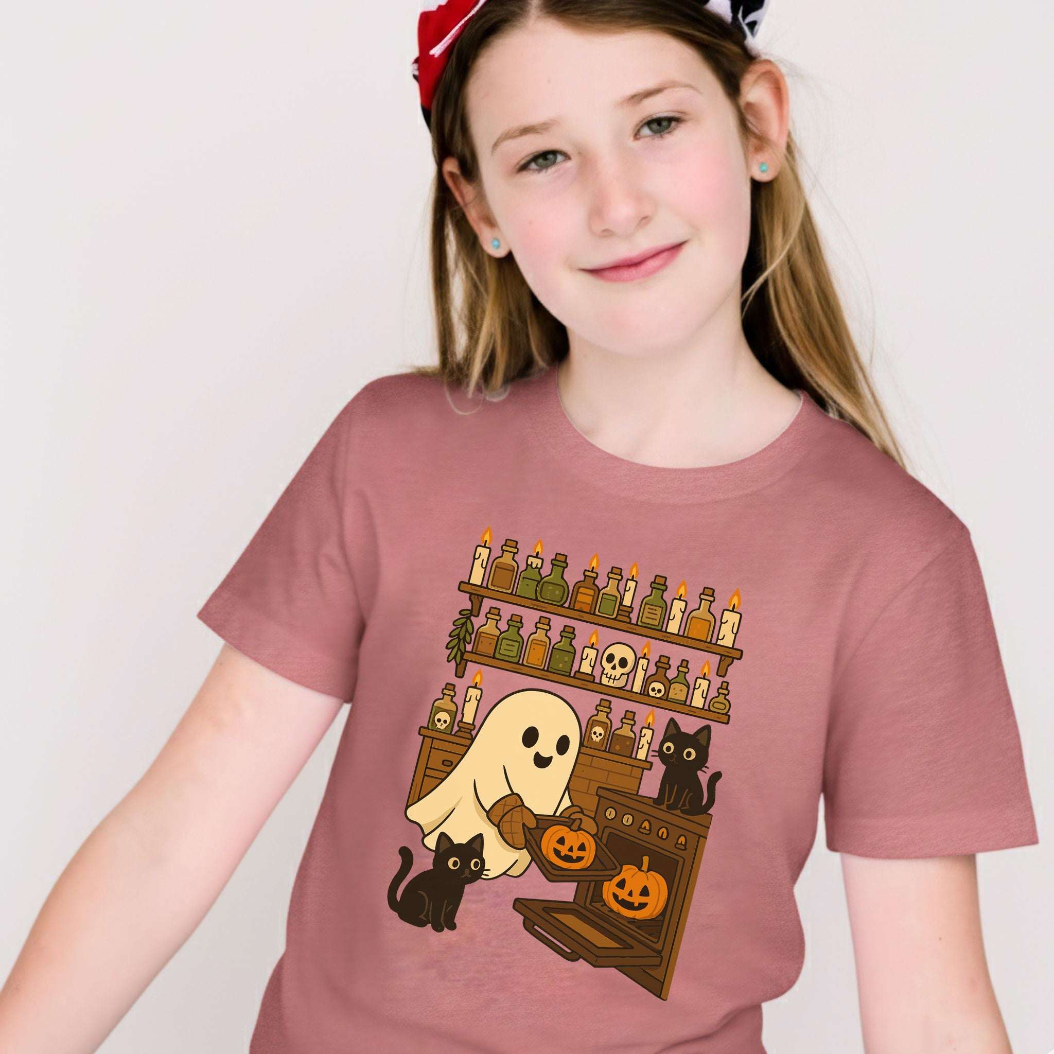 Ghostly Baking & Black Cats Youth Tee – Cozy Halloween Kitchen Chaos