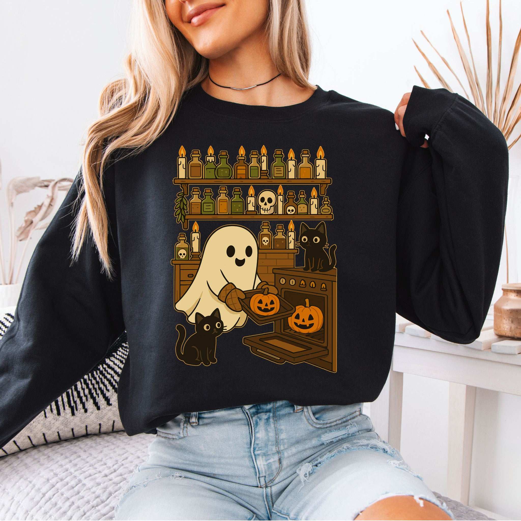 Ghostly Baking & Black Cats Sweatshirt – Cozy Halloween Kitchen Magic