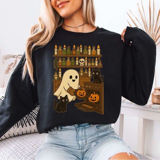 Ghostly Baking & Black Cats Sweatshirt – Cozy Halloween Kitchen Magic