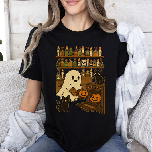 Ghostly Baking & Black Cats T-Shirt – Cozy Halloween Kitchen Vibes Tee