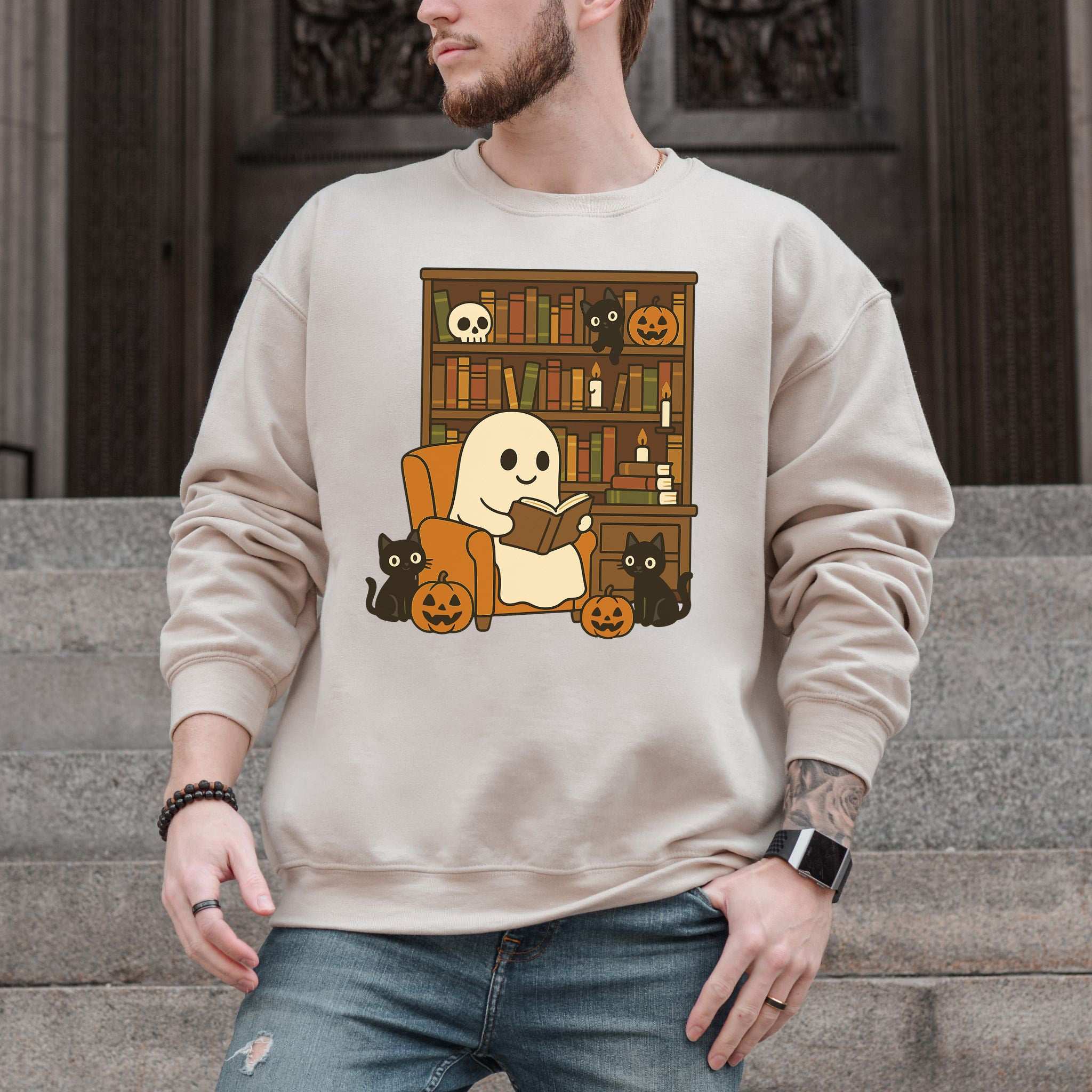 Ghost & Black Cats Reading Sweatshirt – Cozy Halloween Library Magic