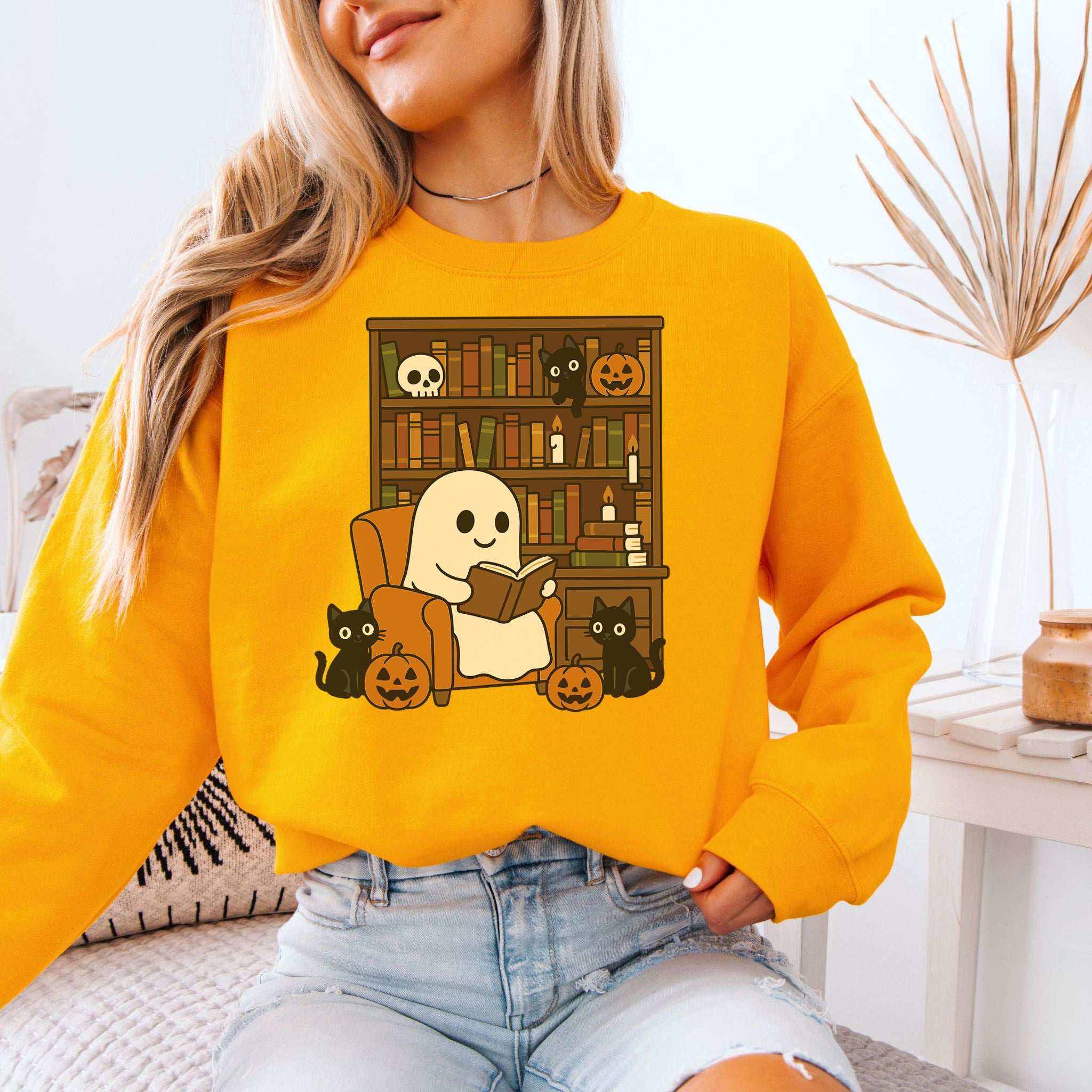 Ghost & Black Cats Reading Sweatshirt – Cozy Halloween Library Magic