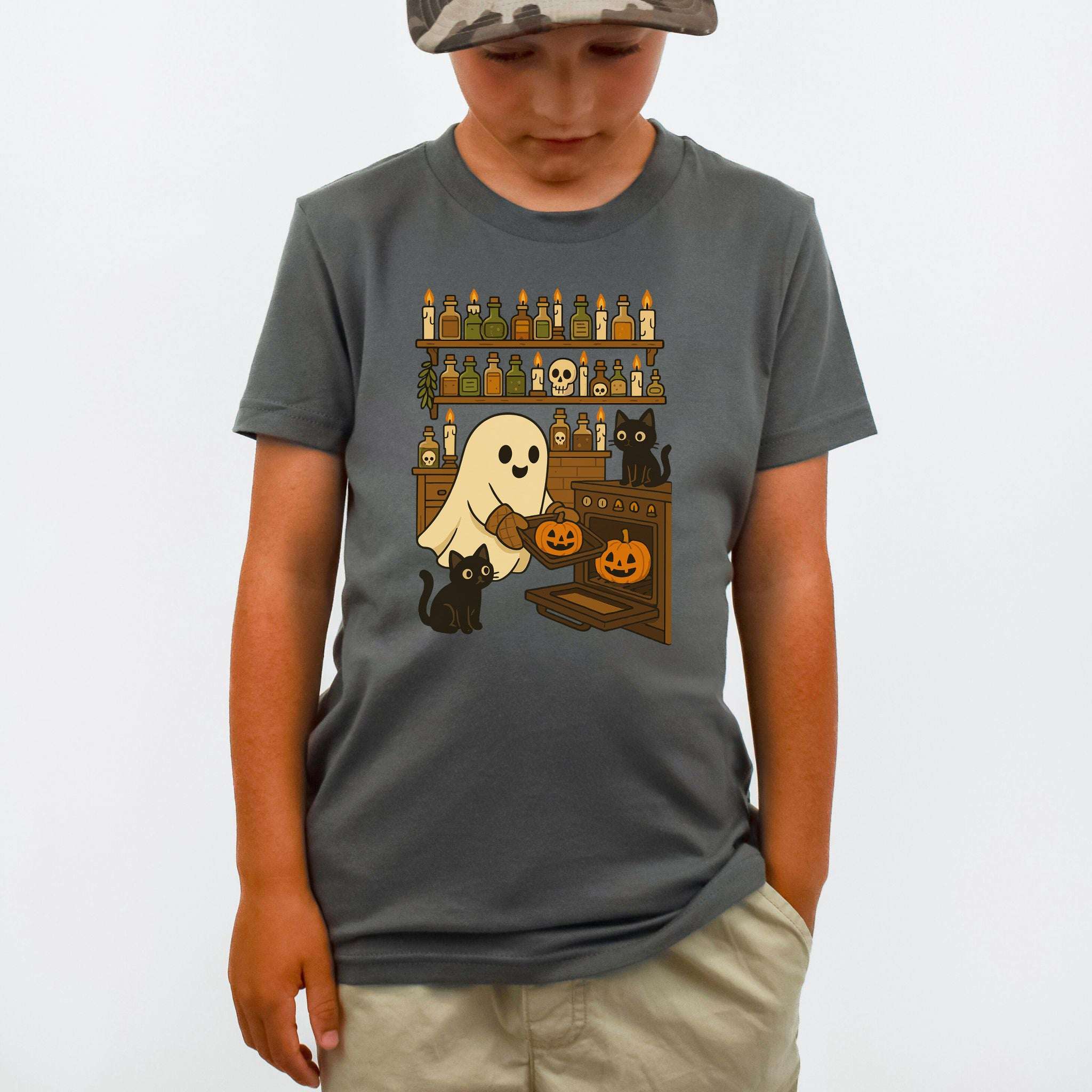 Ghostly Baking & Black Cats Youth Tee – Cozy Halloween Kitchen Chaos