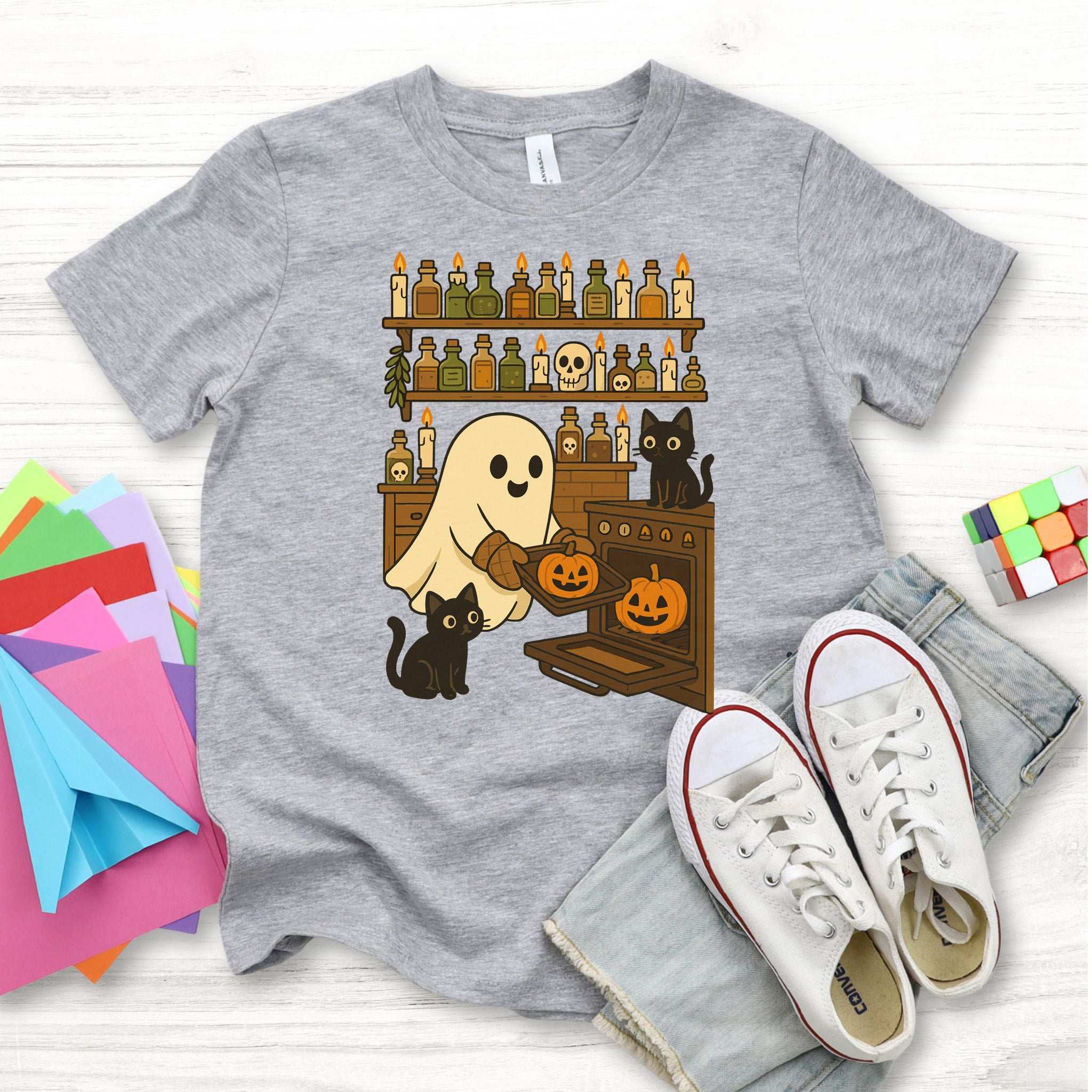 Ghostly Baking & Black Cats Youth Tee – Cozy Halloween Kitchen Chaos