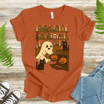 Ghostly Baking & Black Cats T-Shirt – Cozy Halloween Kitchen Vibes Tee