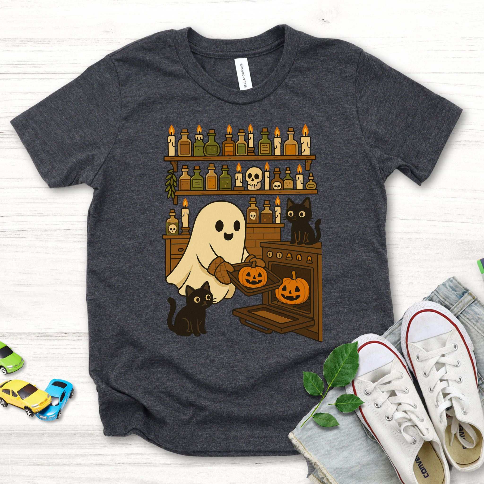 Ghostly Baking & Black Cats Youth Tee – Cozy Halloween Kitchen Chaos