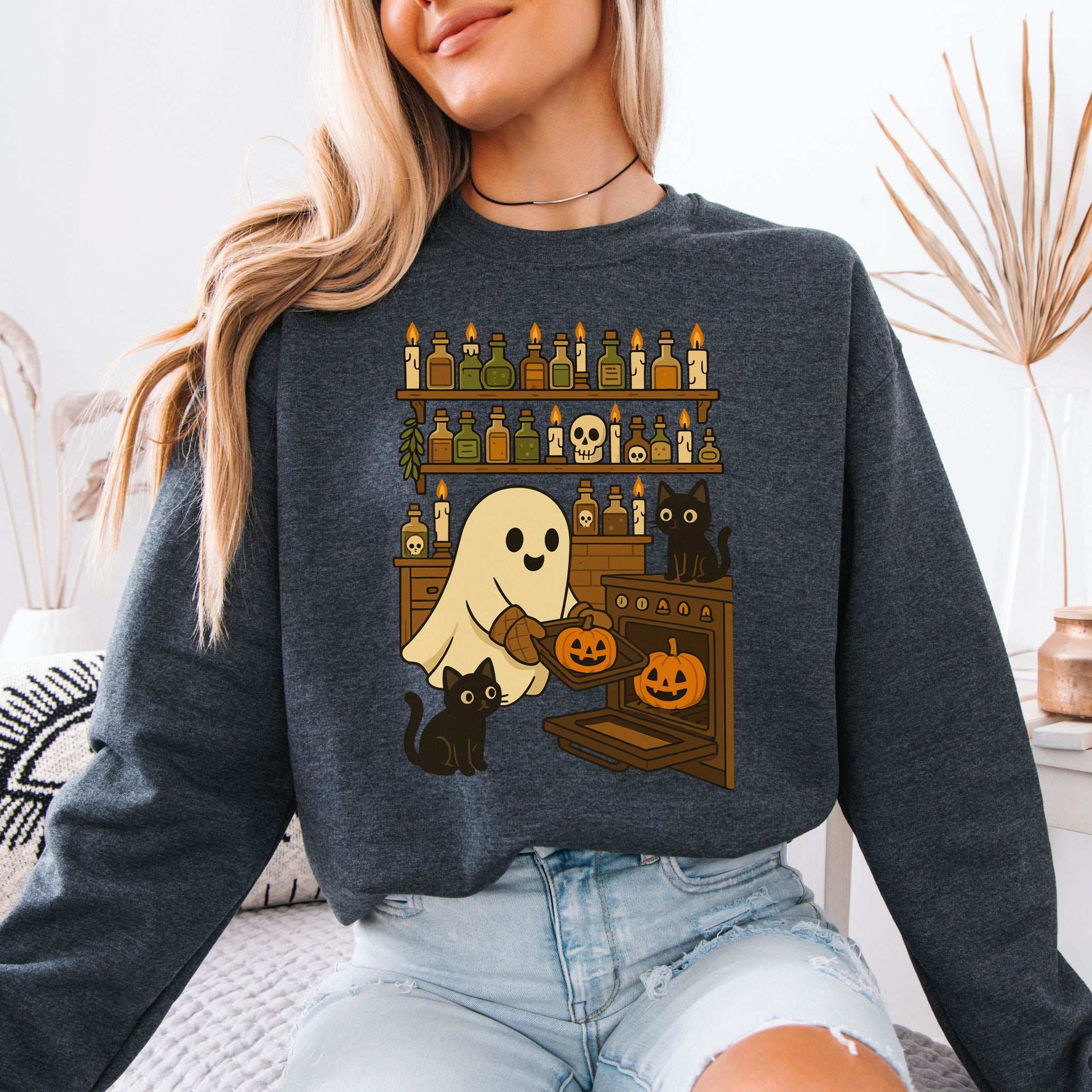 Ghostly Baking & Black Cats Sweatshirt – Cozy Halloween Kitchen Magic