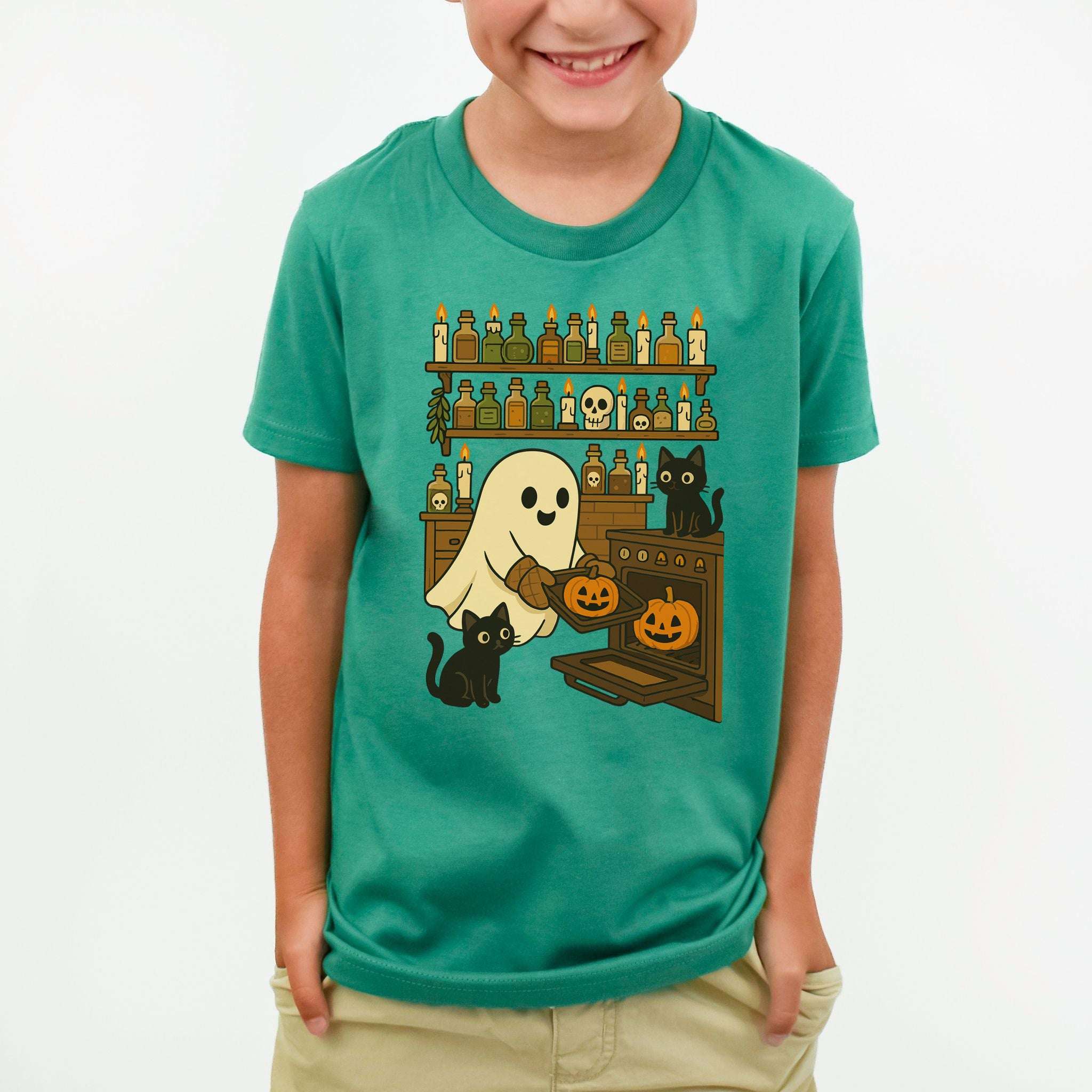 Ghostly Baking & Black Cats Youth Tee – Cozy Halloween Kitchen Chaos