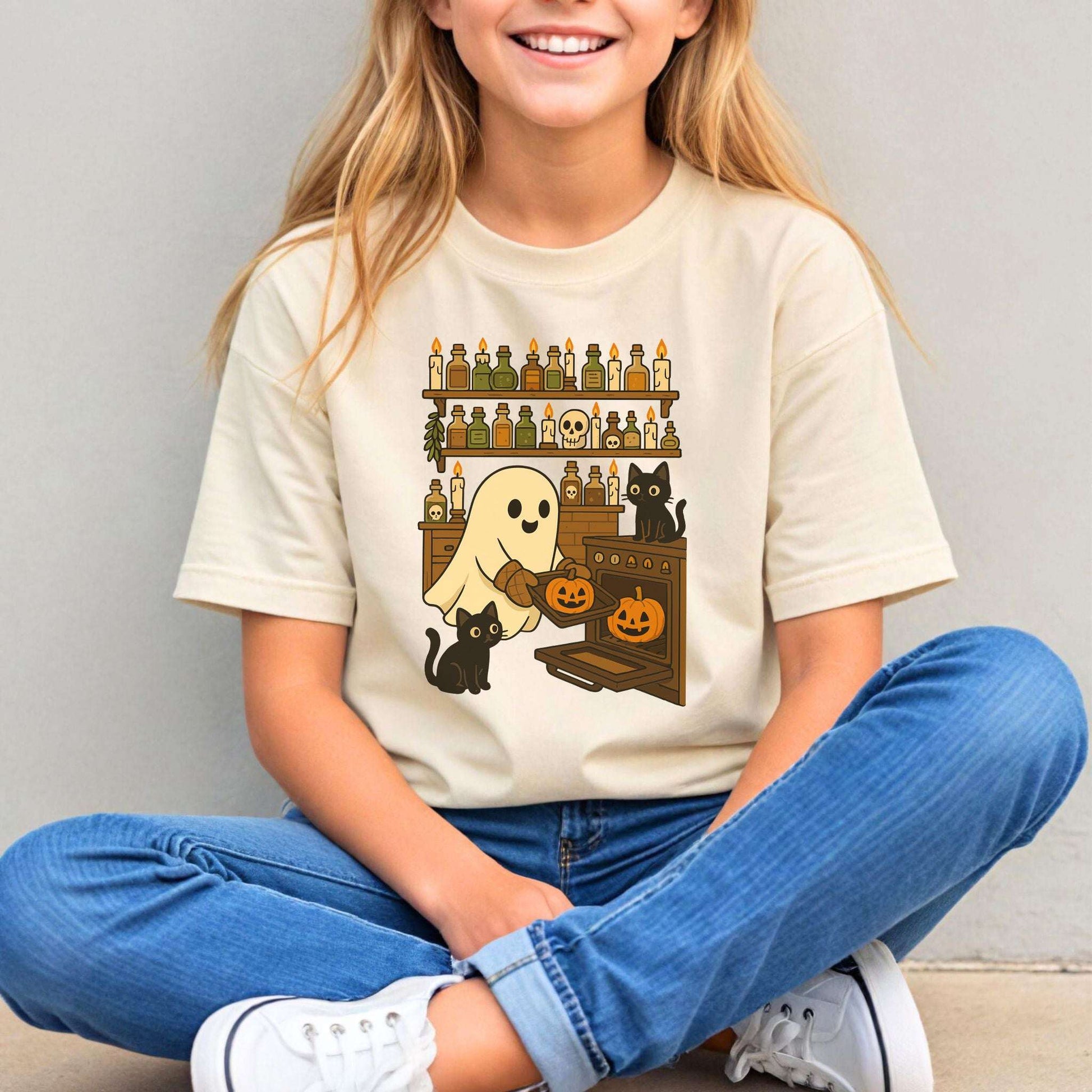 Ghostly Baking & Black Cats Youth Tee – Cozy Halloween Kitchen Chaos