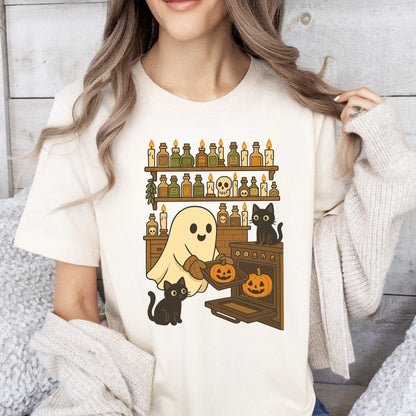 Ghostly Baking & Black Cats T-Shirt – Cozy Halloween Kitchen Vibes Tee