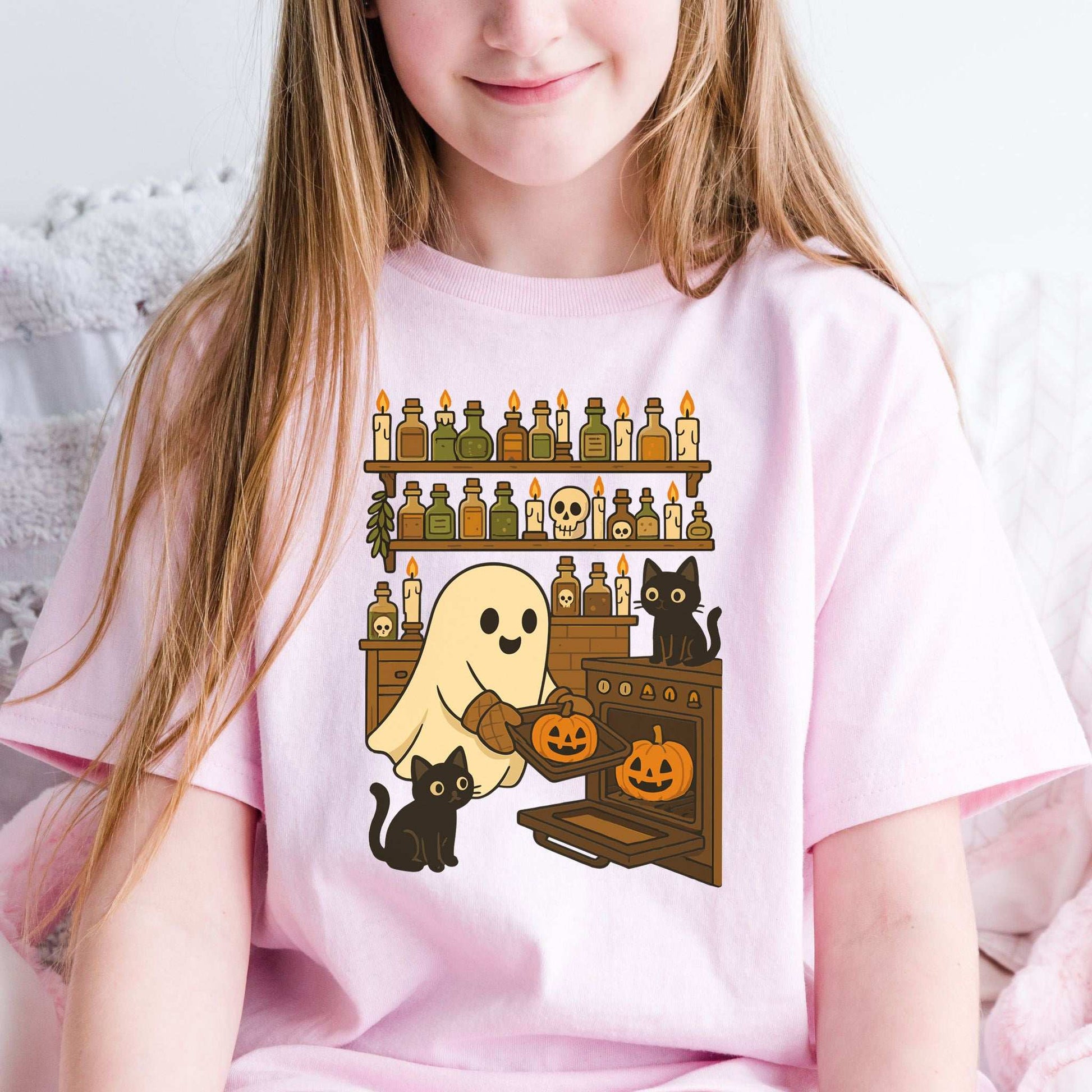 Ghostly Baking & Black Cats Youth Tee – Cozy Halloween Kitchen Chaos
