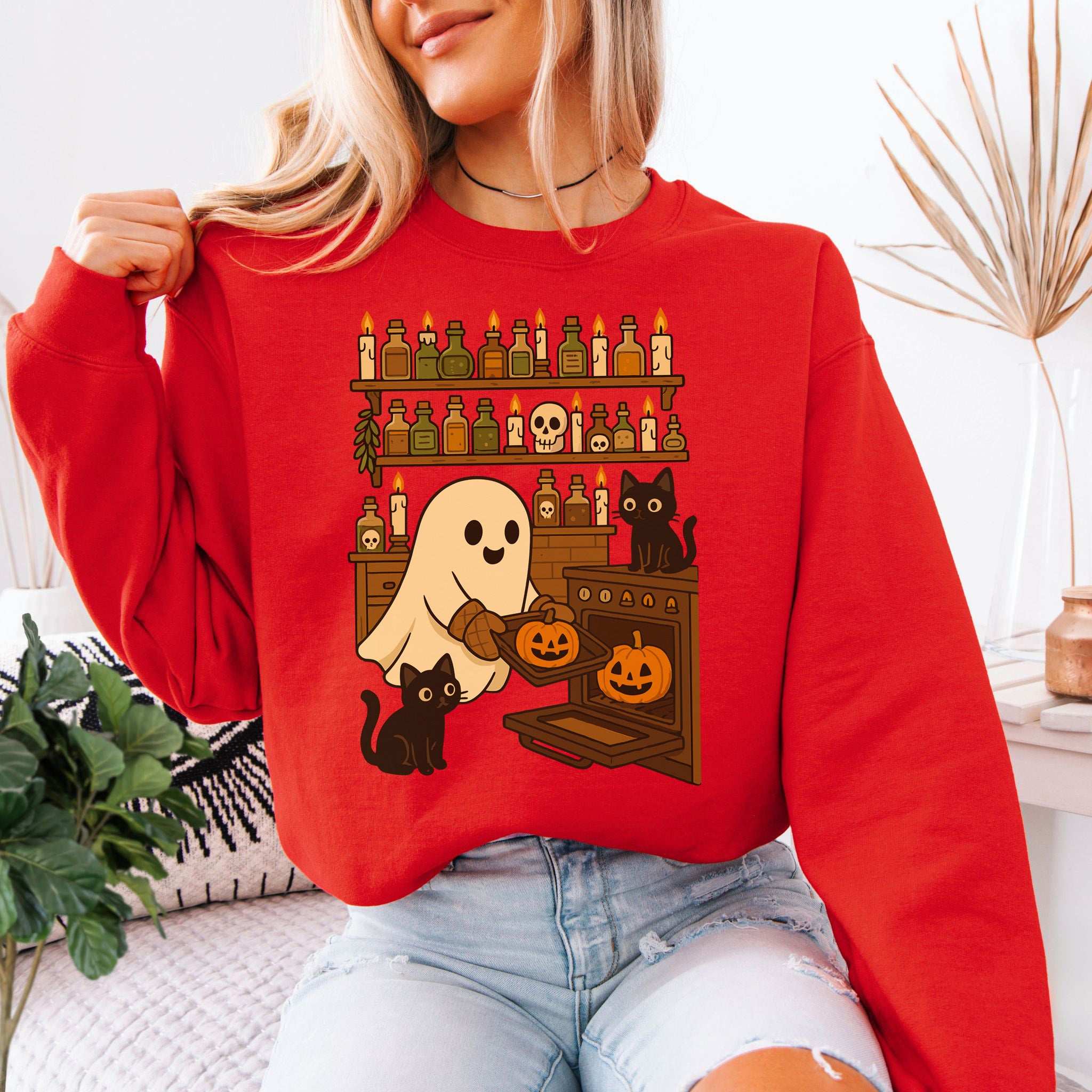 Ghostly Baking & Black Cats Sweatshirt – Cozy Halloween Kitchen Magic