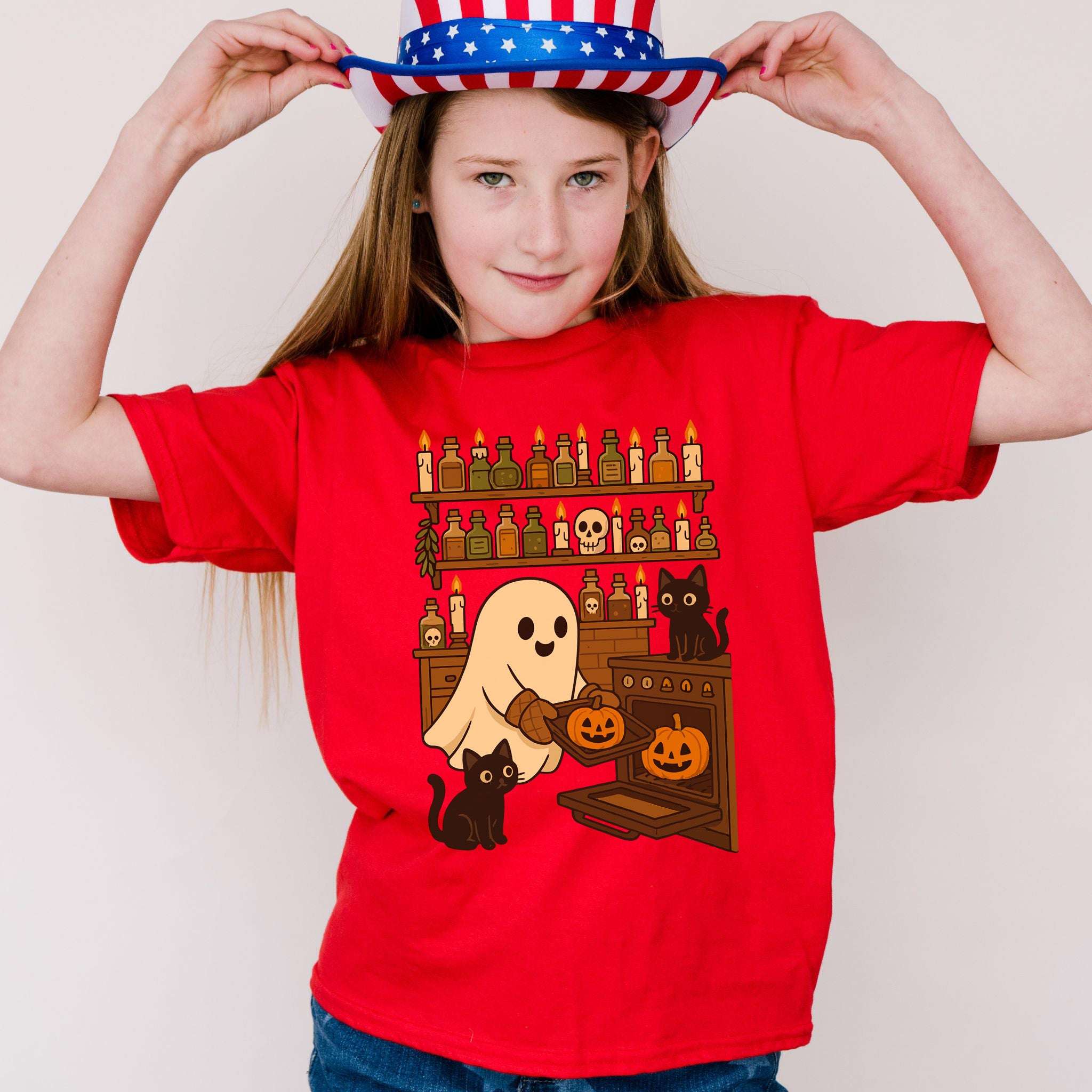 Ghostly Baking & Black Cats Youth Tee – Cozy Halloween Kitchen Chaos