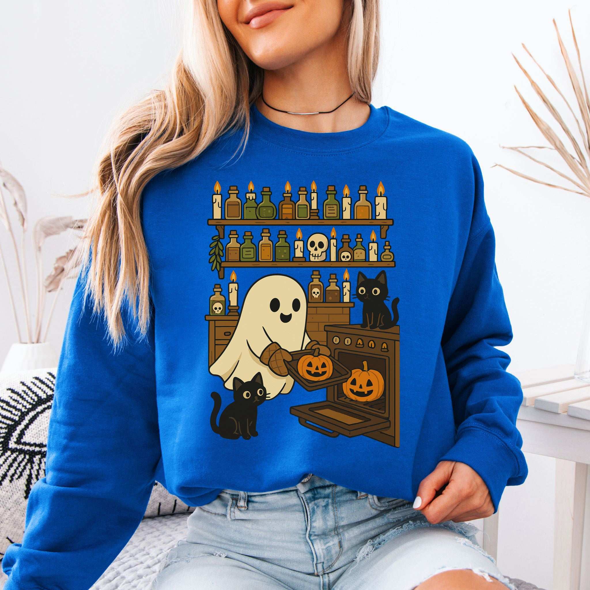 Ghostly Baking & Black Cats Sweatshirt – Cozy Halloween Kitchen Magic