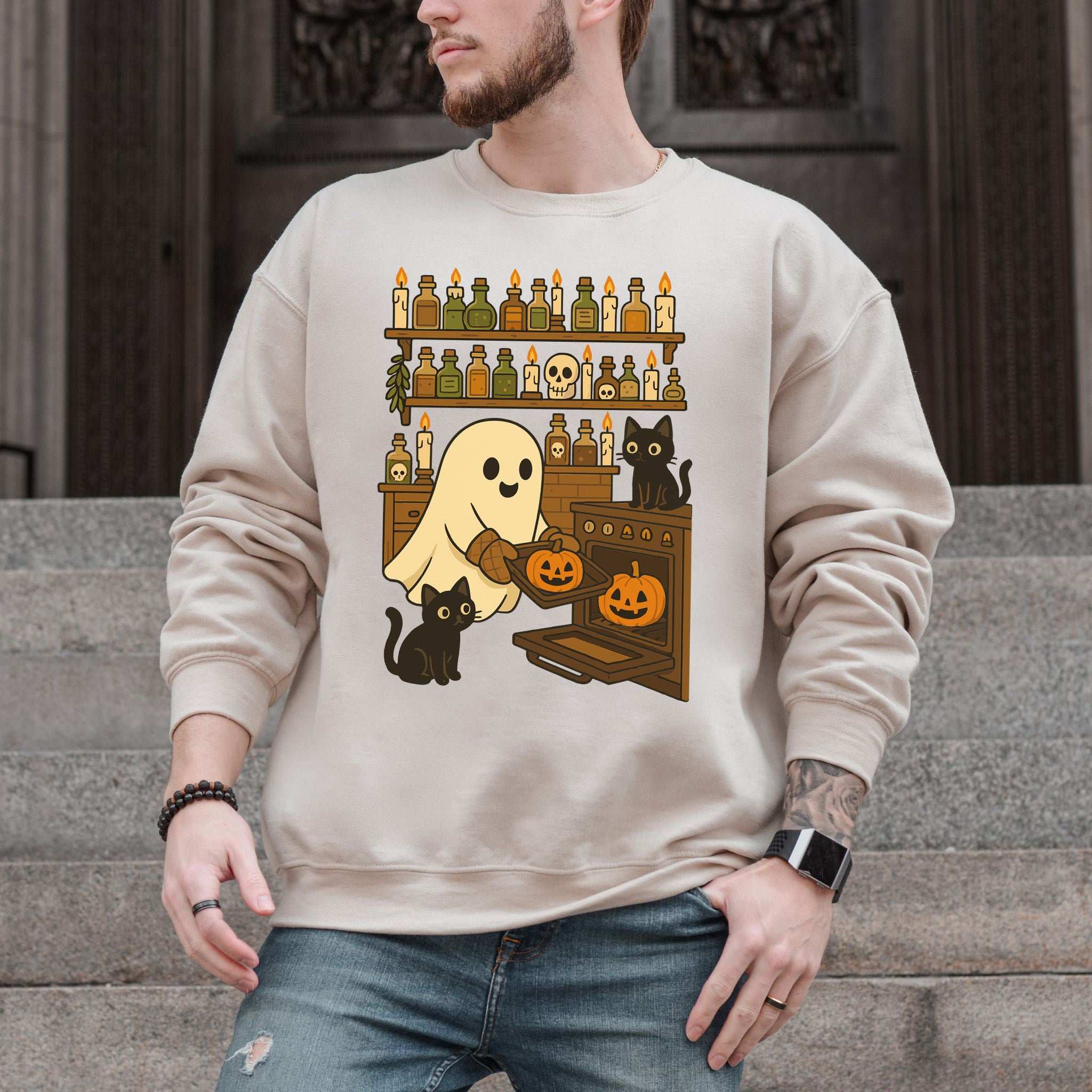 Ghostly Baking & Black Cats Sweatshirt – Cozy Halloween Kitchen Magic