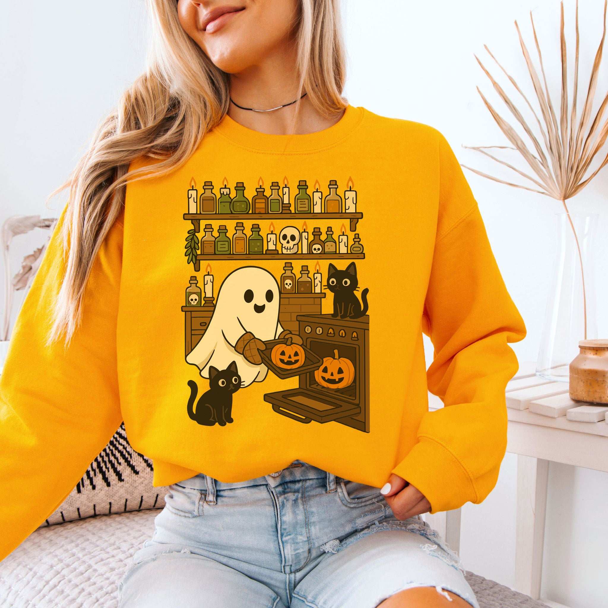 Ghostly Baking & Black Cats Sweatshirt – Cozy Halloween Kitchen Magic