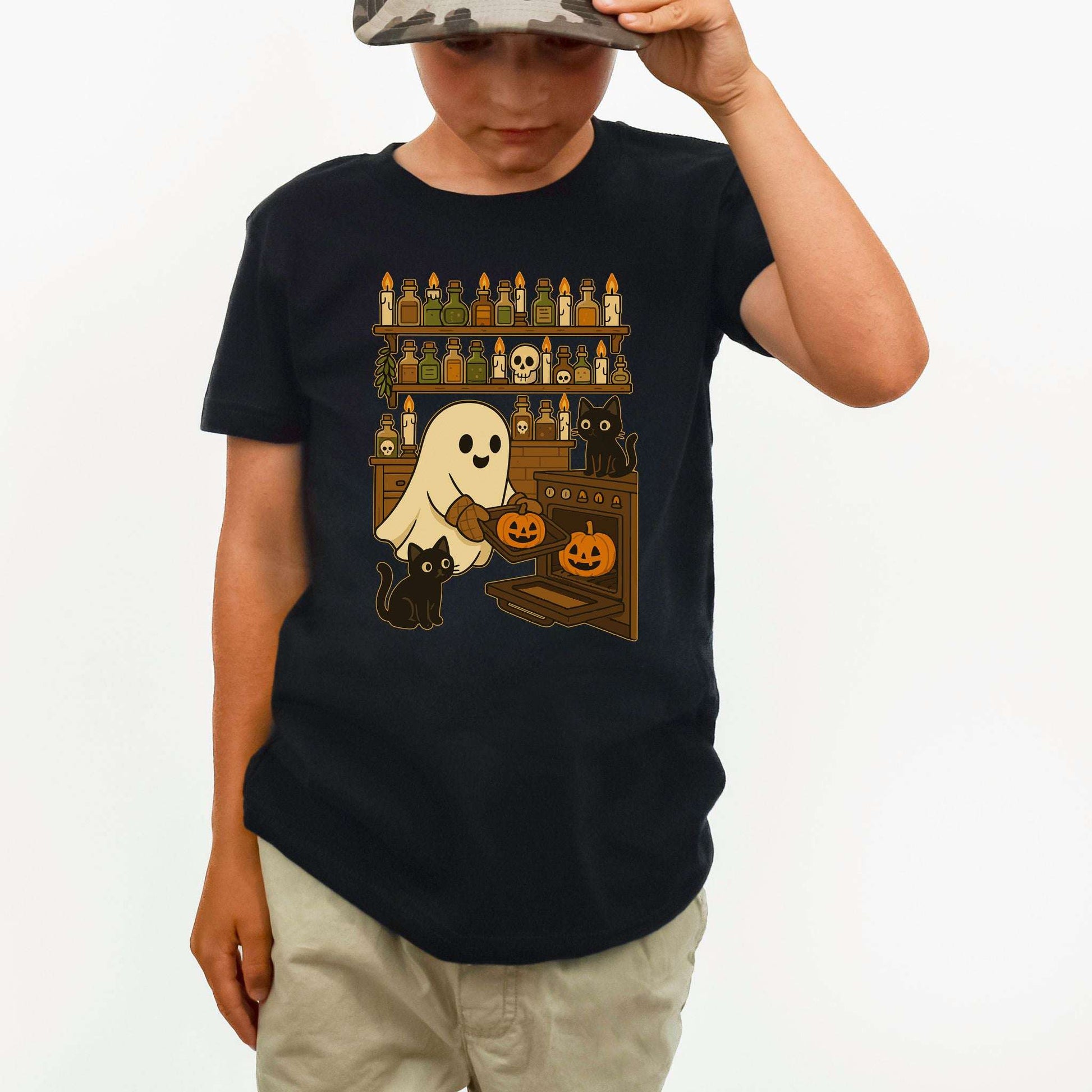 Ghostly Baking & Black Cats Youth Tee – Cozy Halloween Kitchen Chaos