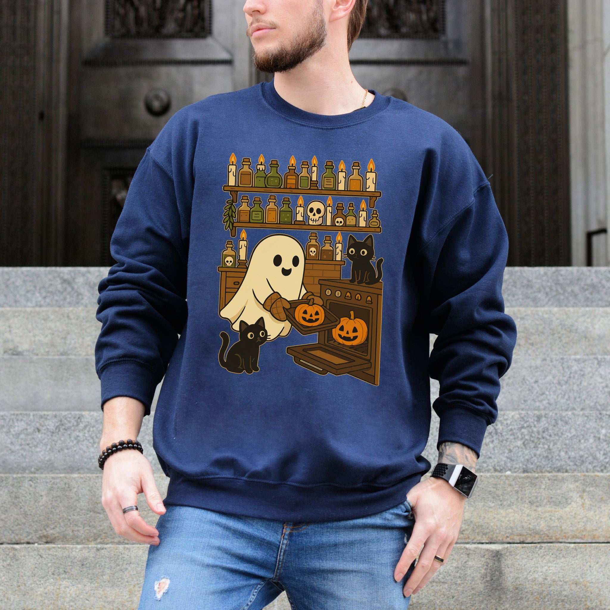 Ghostly Baking & Black Cats Sweatshirt – Cozy Halloween Kitchen Magic
