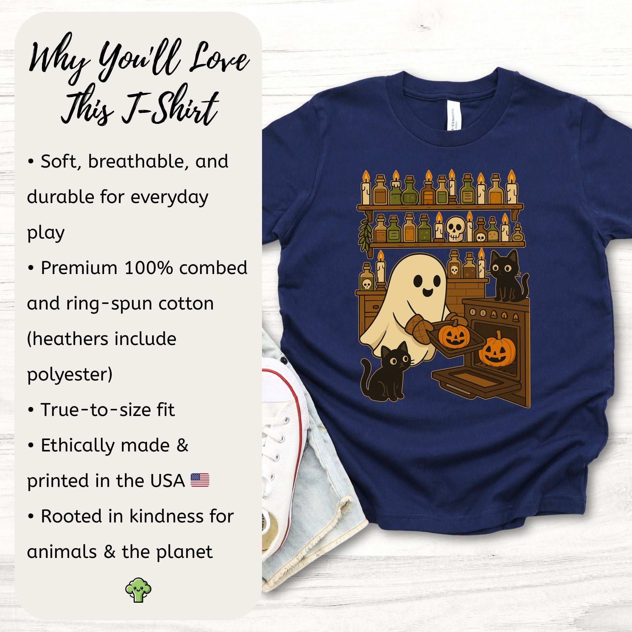 Ghostly Baking & Black Cats Youth Tee – Cozy Halloween Kitchen Chaos