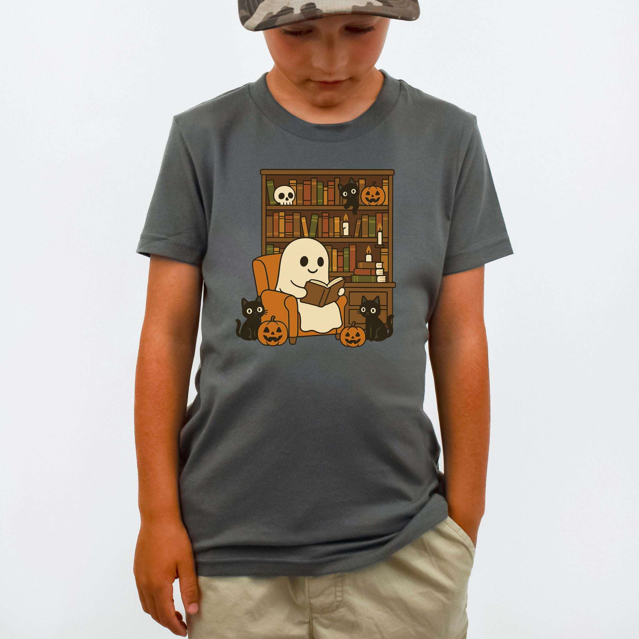 Ghost & Black Cats Reading Youth Tee – Cozy Halloween Library Vibes