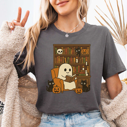 Ghost & Black Cats Reading T-Shirt – Cozy Halloween Library Vibes Tee