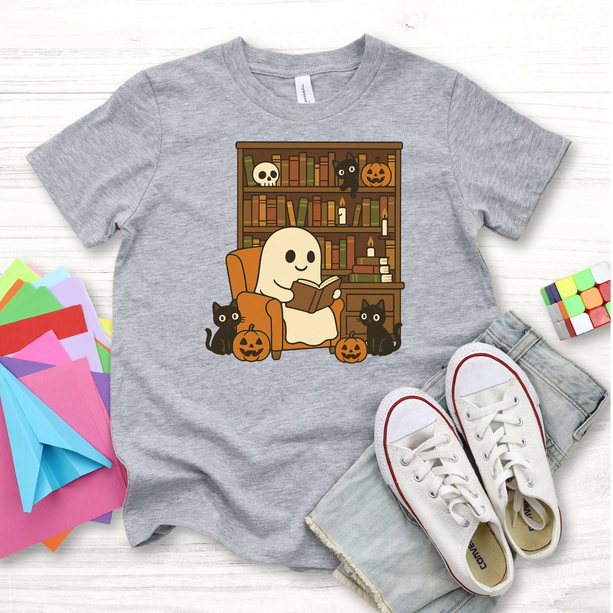 Ghost & Black Cats Reading Youth Tee – Cozy Halloween Library Vibes