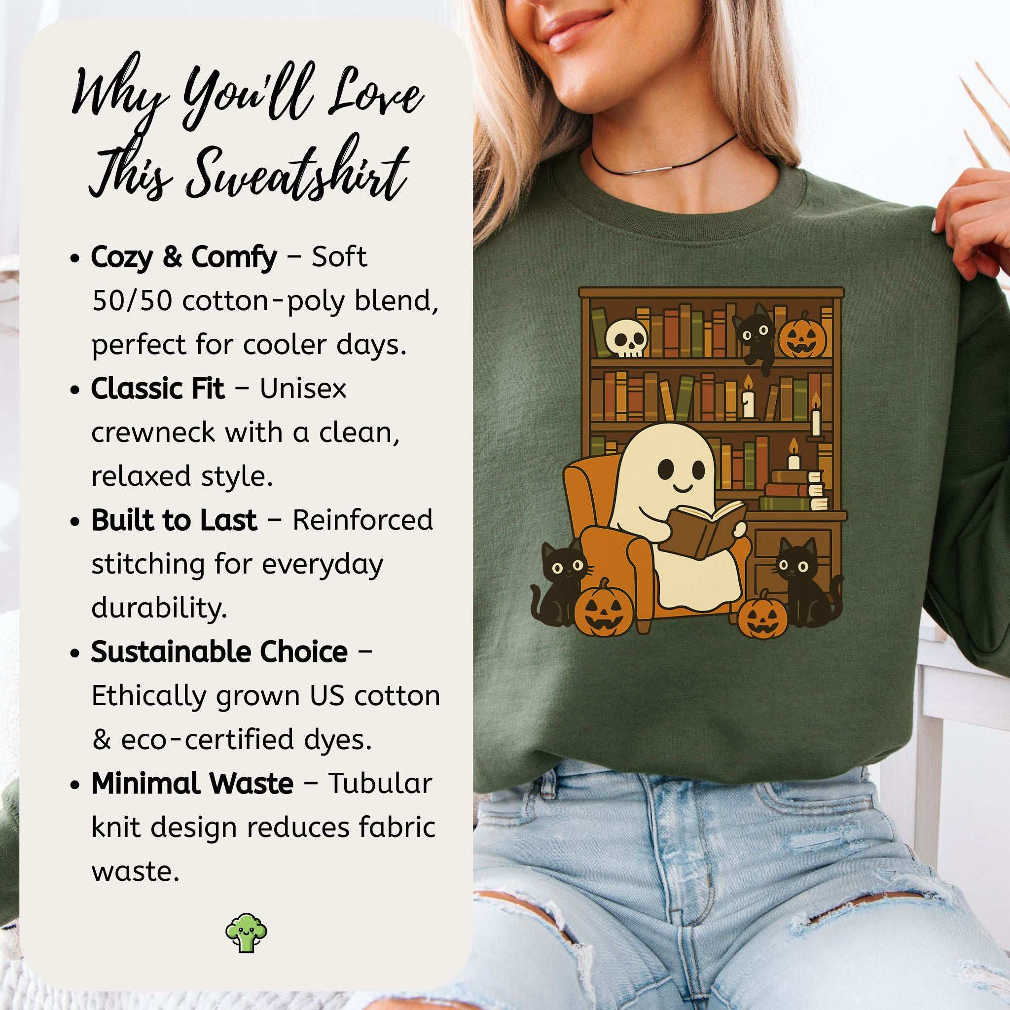 Ghost & Black Cats Reading Sweatshirt – Cozy Halloween Library Magic