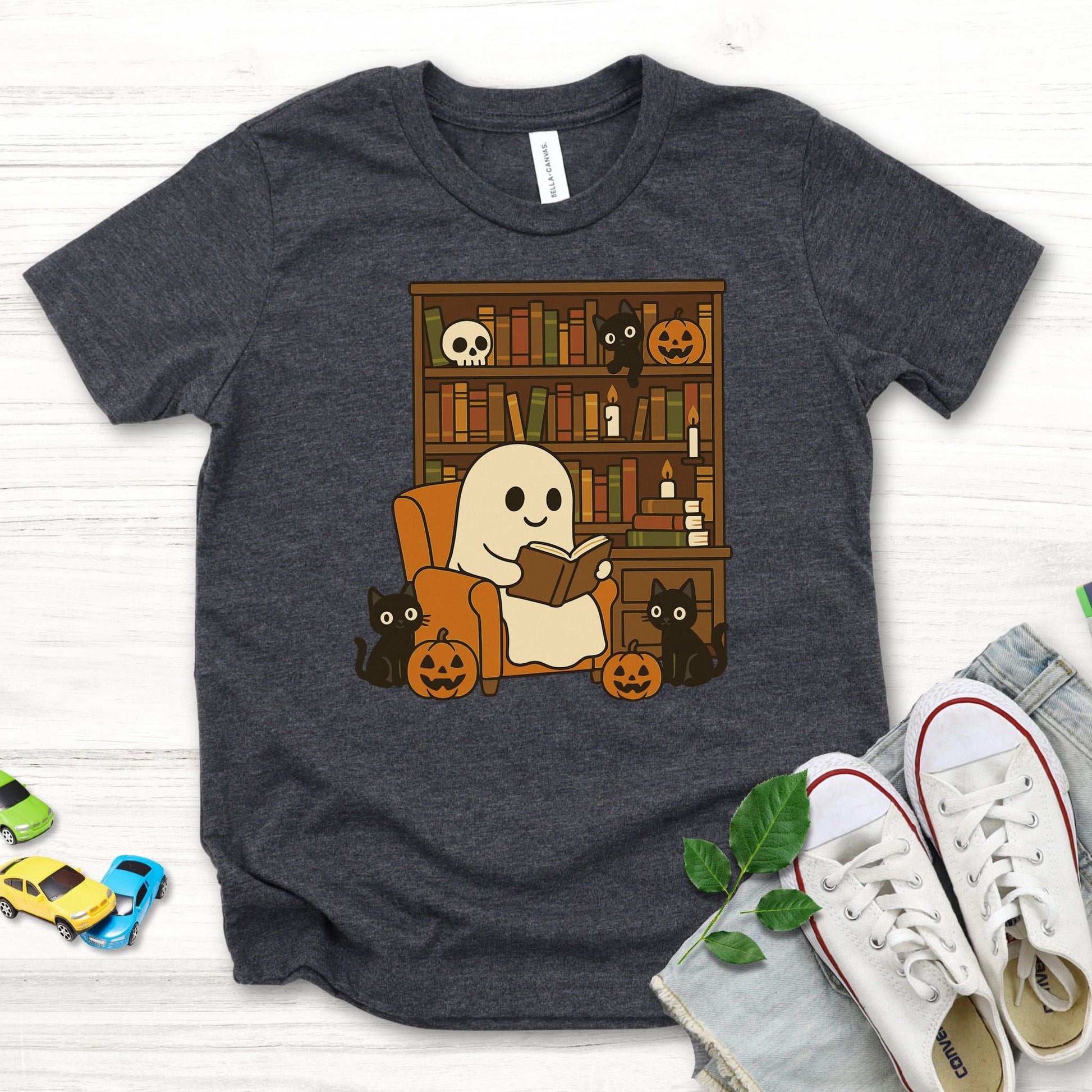Ghost & Black Cats Reading Youth Tee – Cozy Halloween Library Vibes